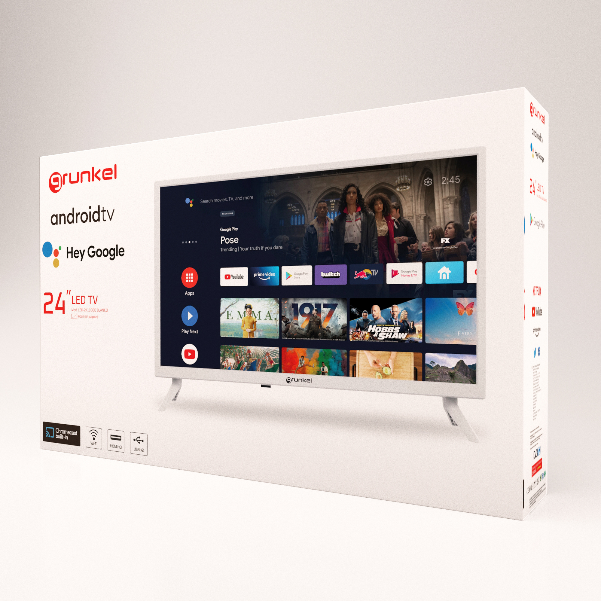 Caja de TV blanca con TV mostrando aplicaciones. Marca 'Grunkel', TV de 24" LED.