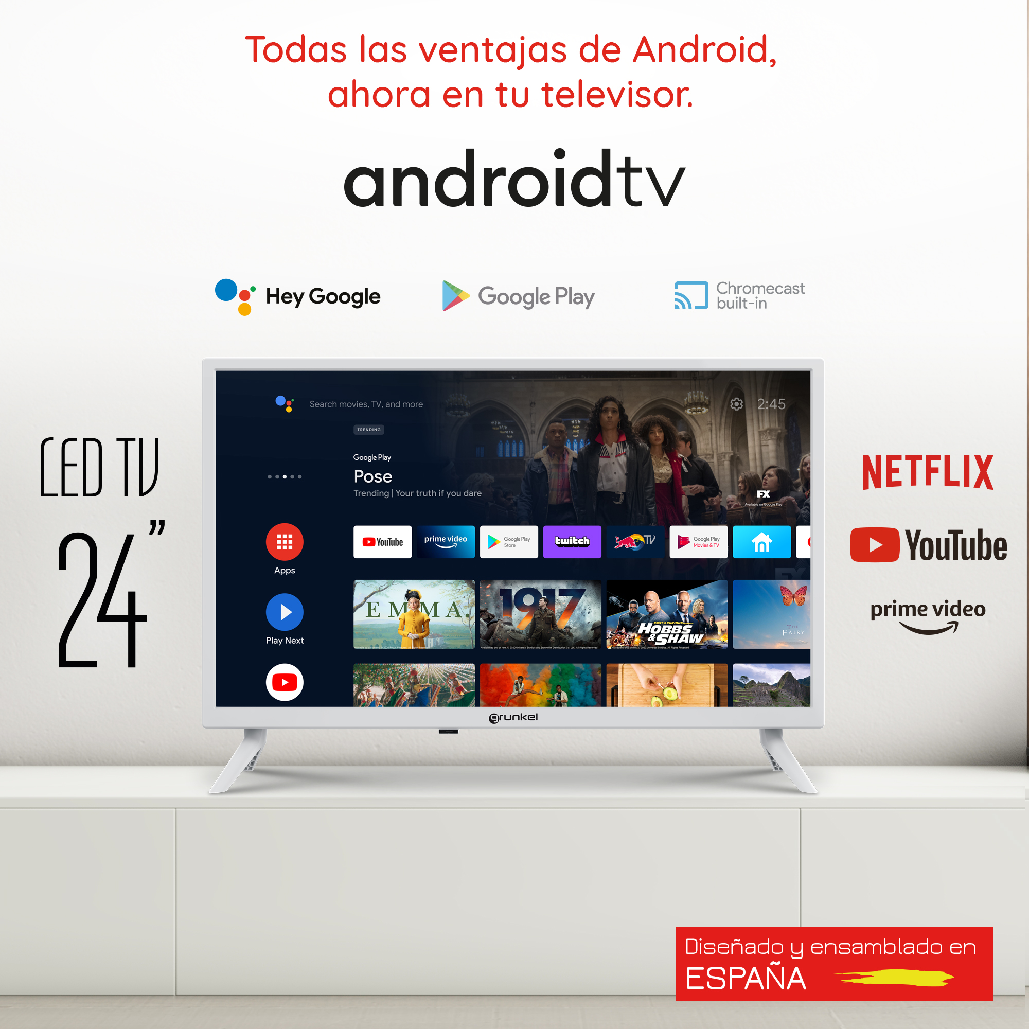 TV Android blanco de 24" con pantalla mostrando la interfaz de Android TV. Apps, logos y texto visibles.