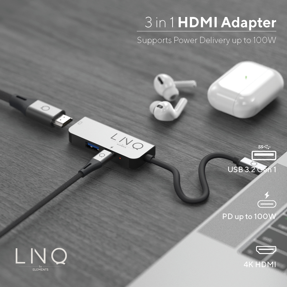 3-in-1, Grey Hub, Black, LINQ USB-C