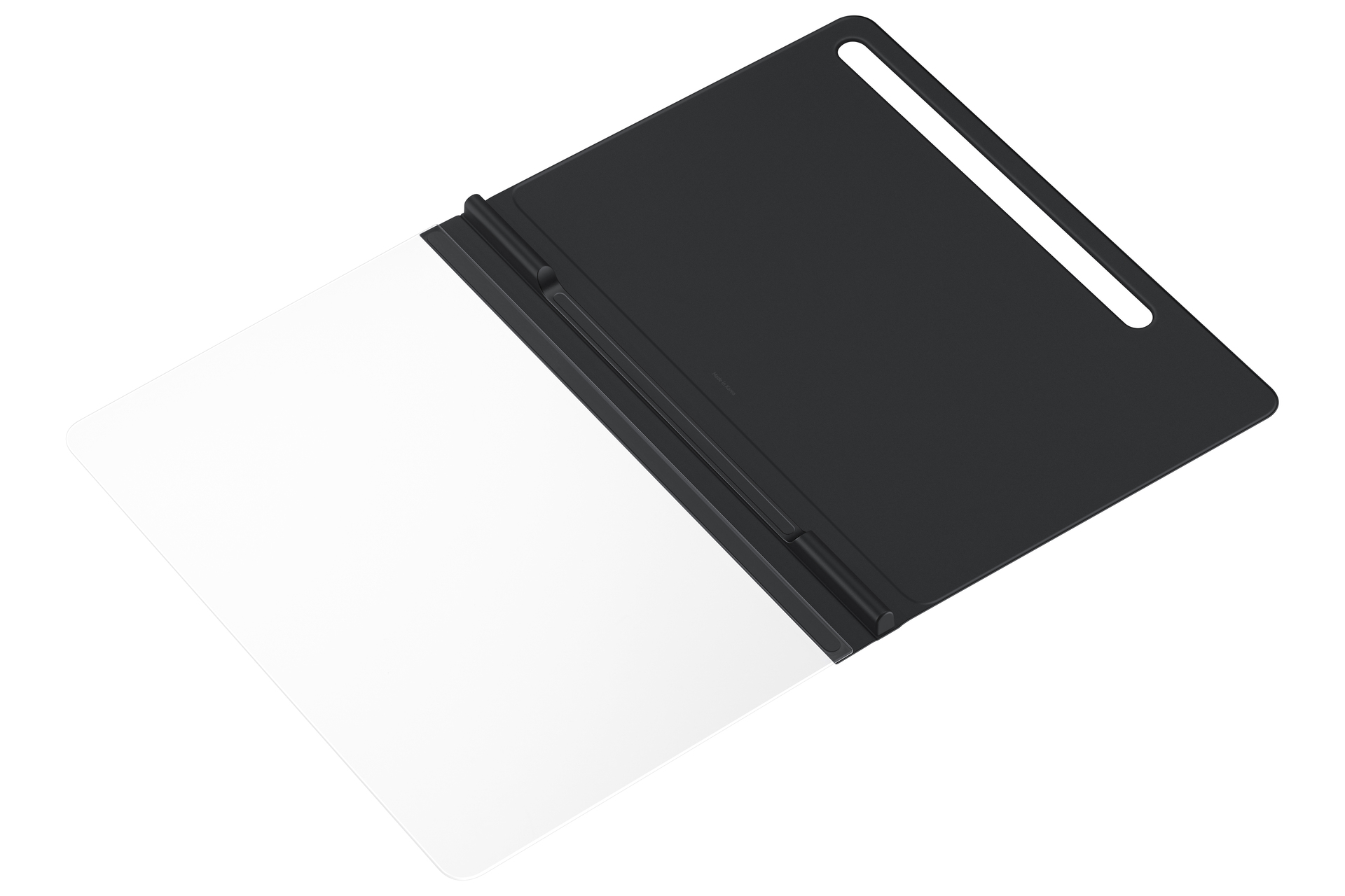 Ein schwarzes Tablet mit weißem Displayschutz und schwarzer Hülle, offen auf Weiß.