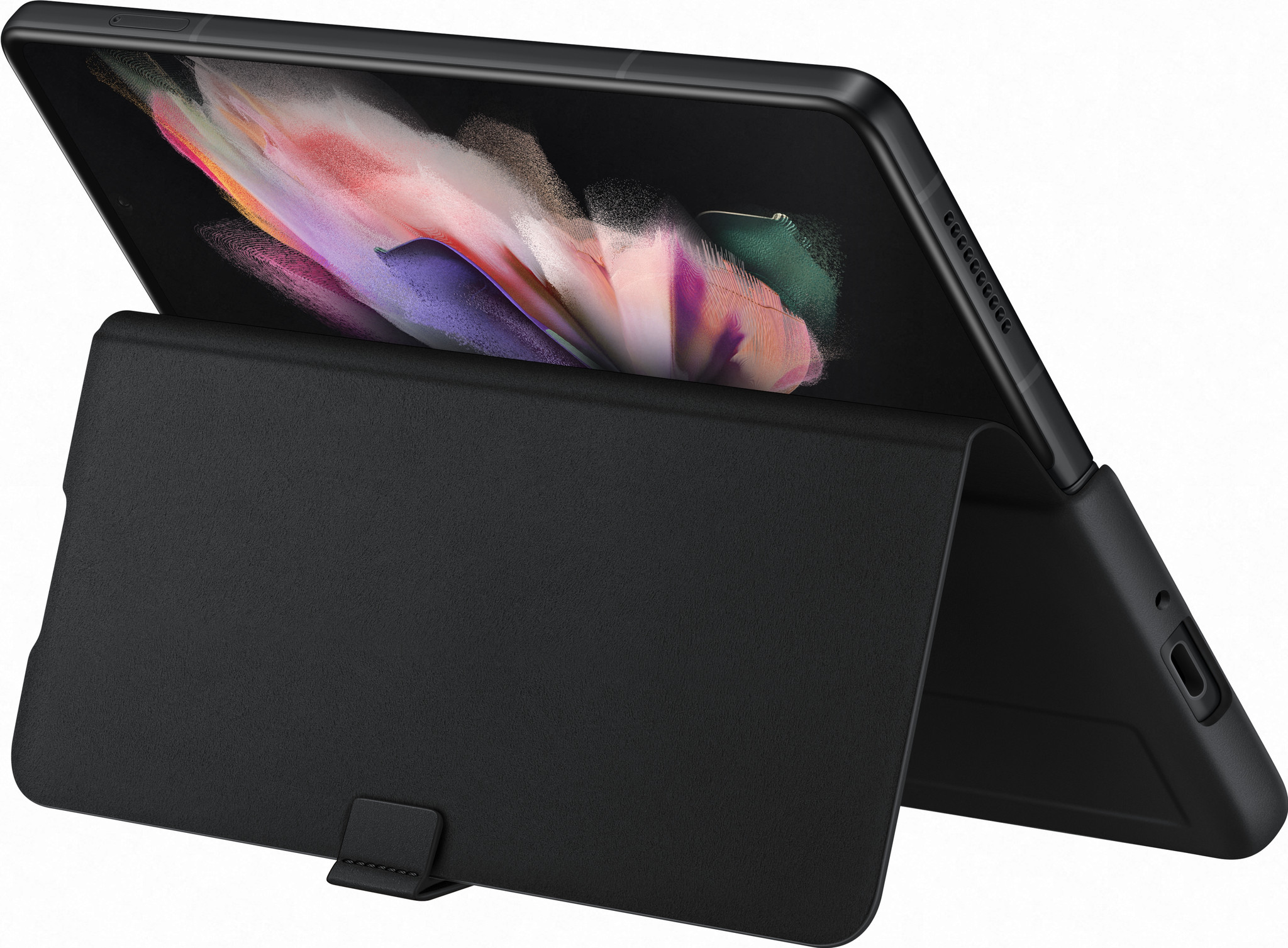Tableta negra en una funda, abierta con la pantalla visible, primer plano.