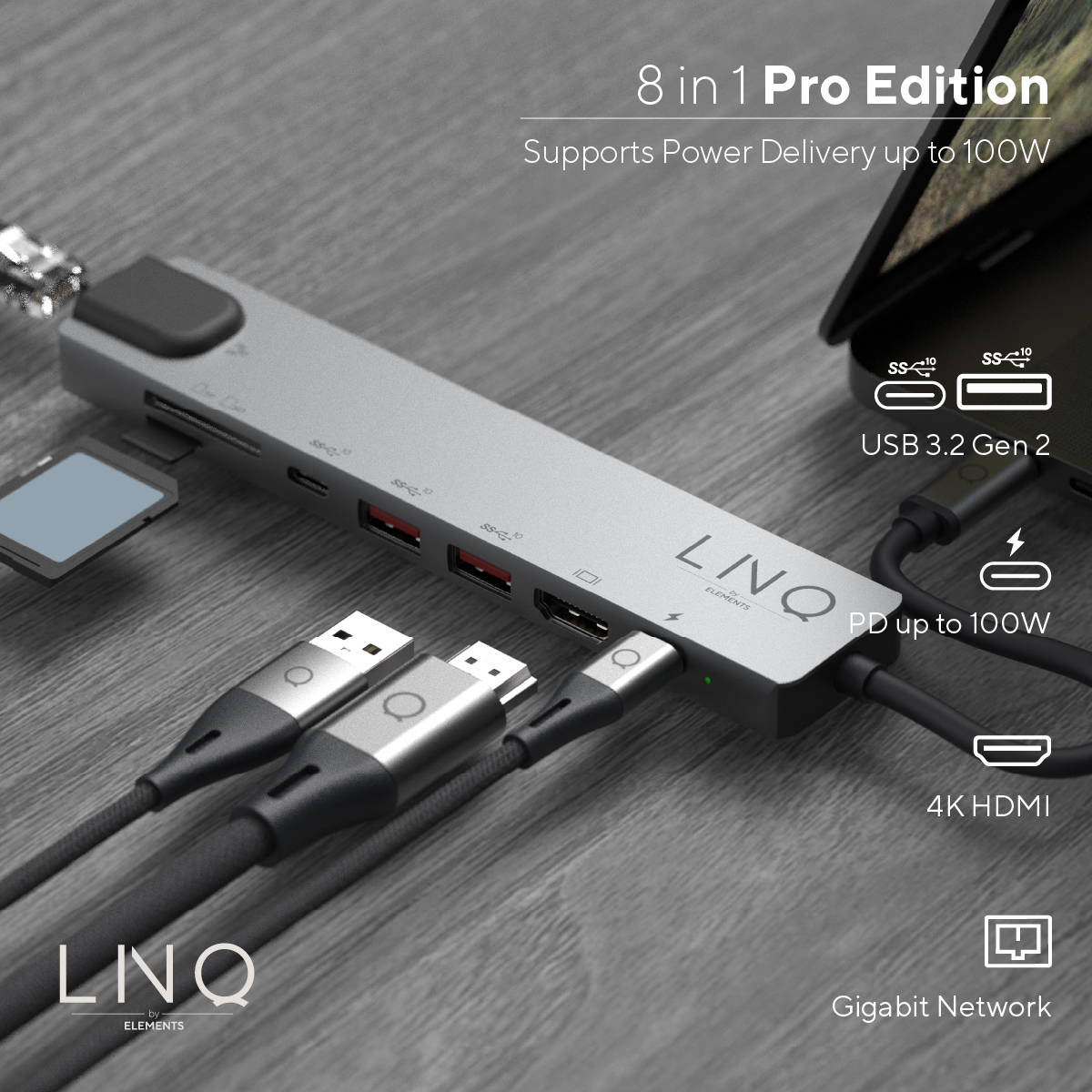 LINQ Pro, Grey USB-C 8in1 Hub, Black,