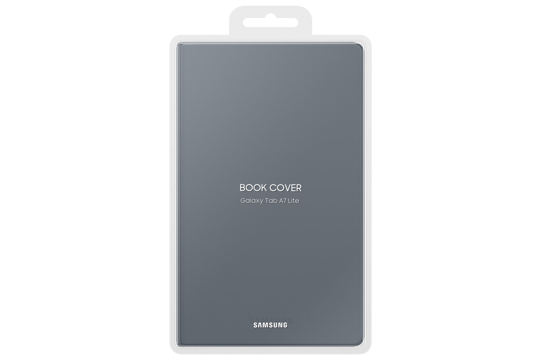 Graue Tablet-Buchhüllenverpackung. 'BOOK COVER' und 'Galaxy Tab A7 Lite' sind aufgedruckt.
