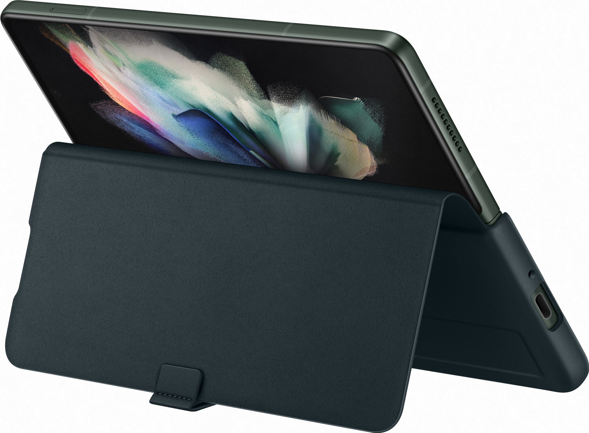 Ein Tablet mit blauem Cover wird schräg auf einer weißen Oberfläche dargestellt.