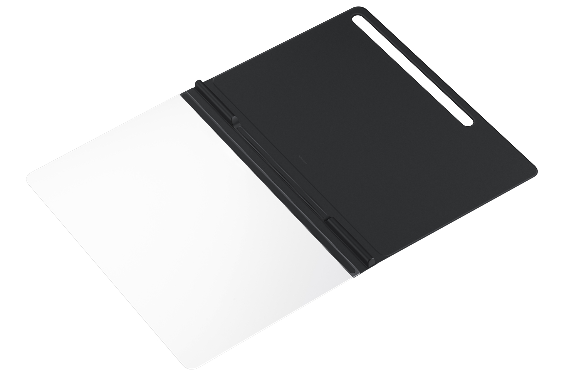 Custodia per tablet in bianco e nero, parzialmente aperta. Schermo bianco visibile, custodia nera con cerniera.