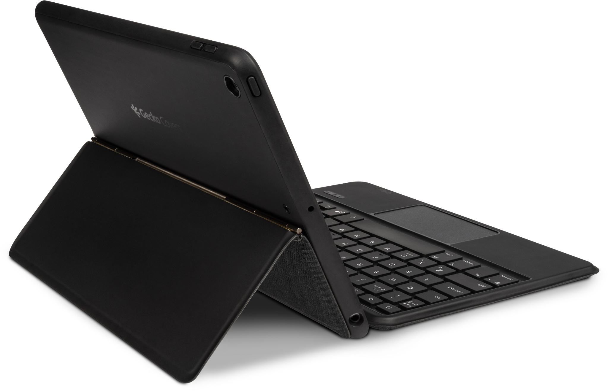 Schwarzes Tablet mit angeschlossener Tastatur. Draufsicht, auf weißem Hintergrund, zum Benutzer geneigt.