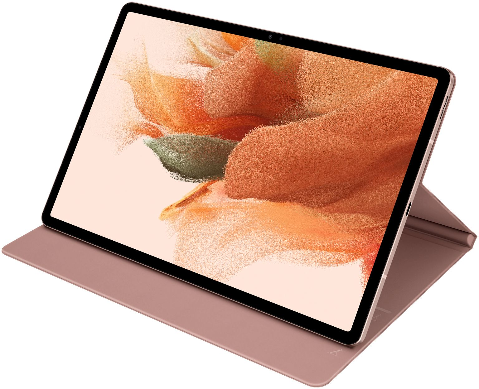 Tablet con custodia e penna rosa. Sfondo bianco.