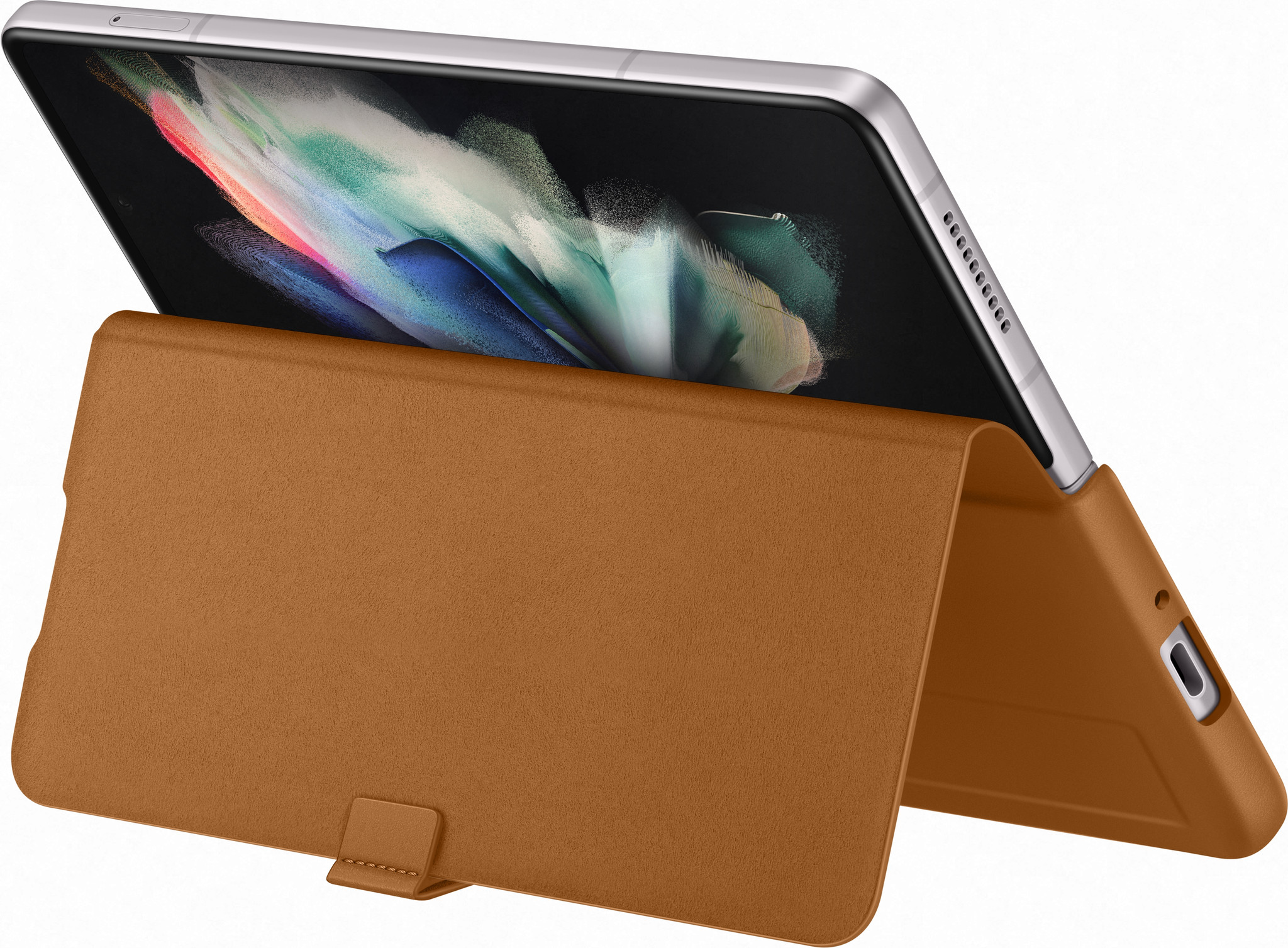 Eine braune Tablethülle mit einem Tablet darin und einem Ständer.