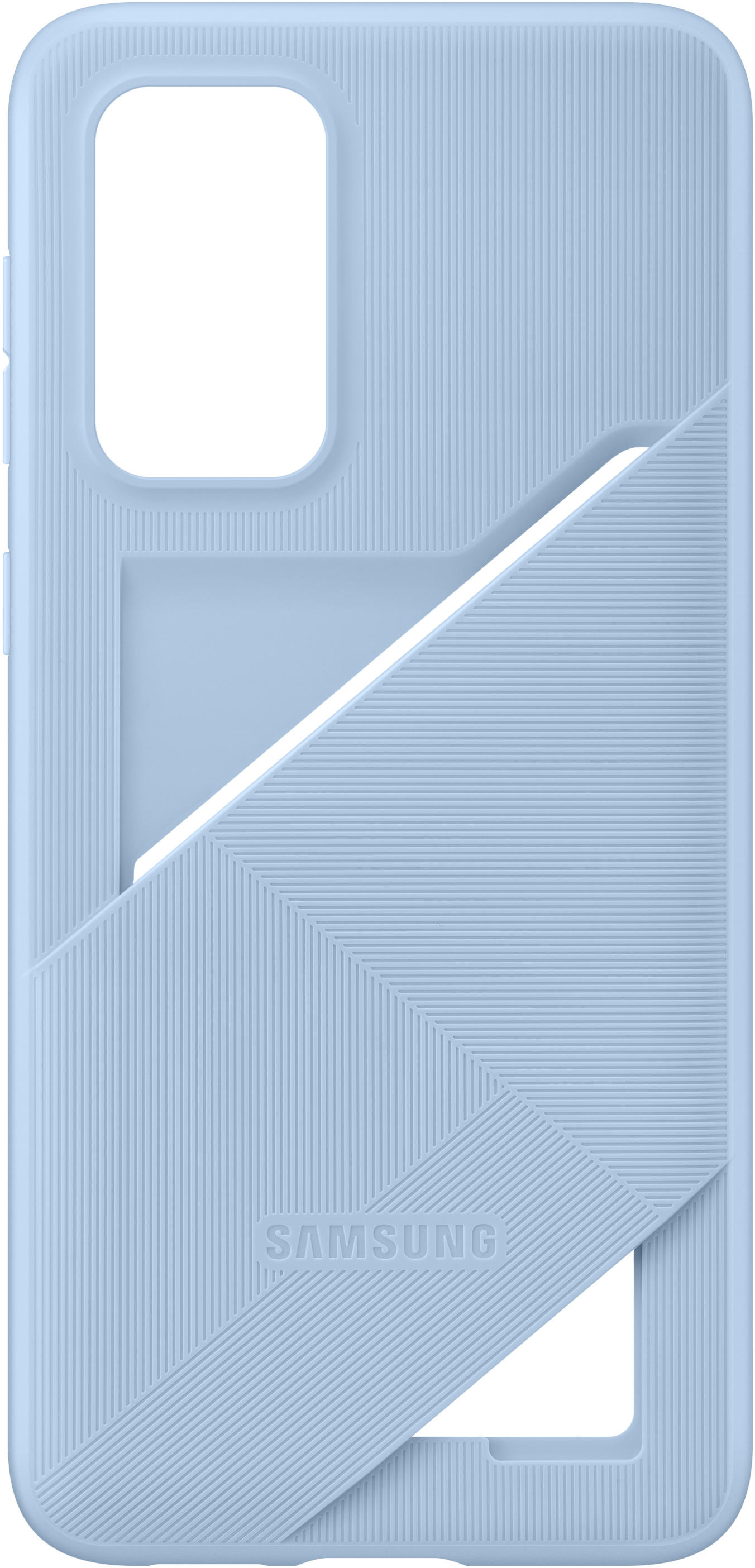 Una funda de teléfono azul claro con un diseño geométrico y un recorte para la cámara.