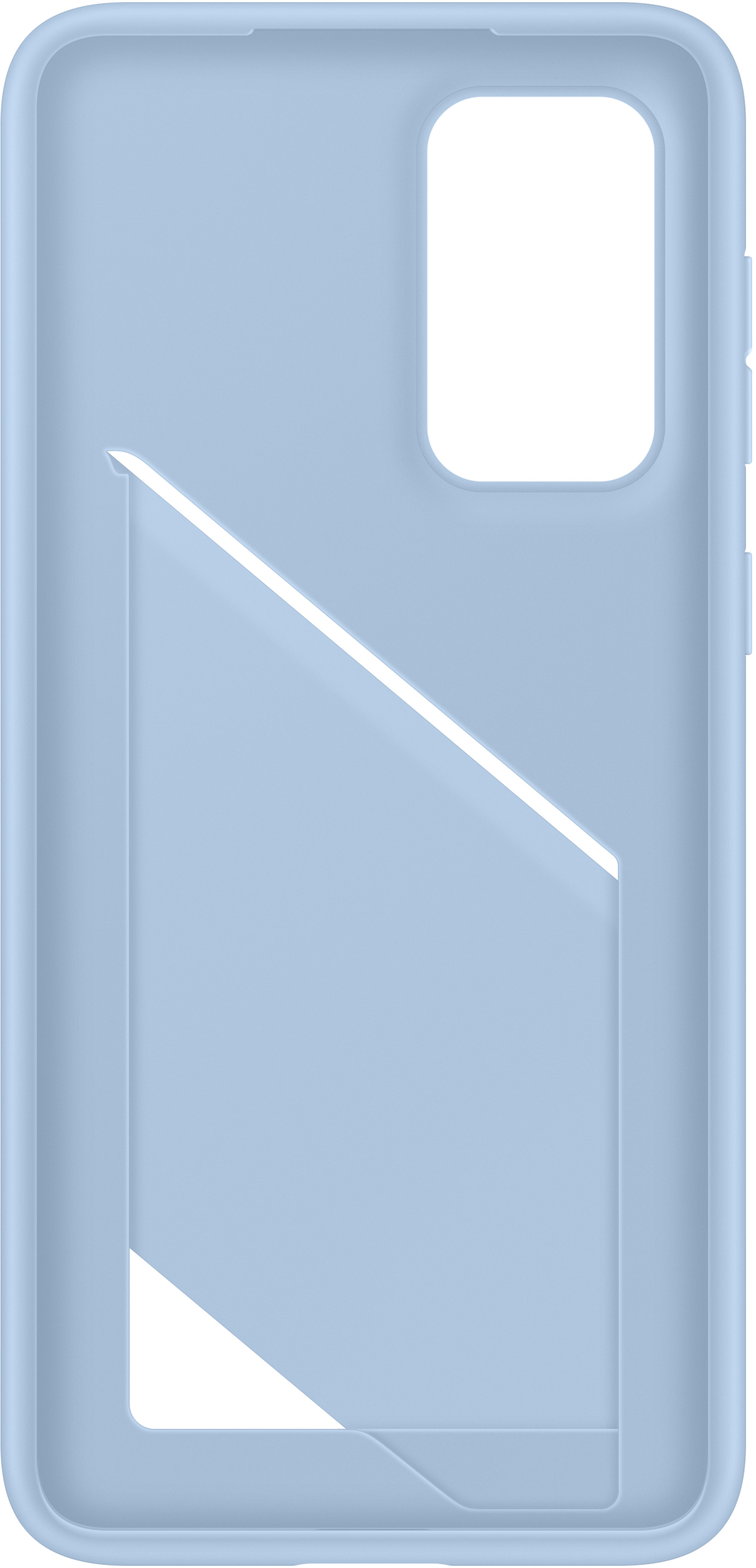 Funda de teléfono celeste con recorte para cámara y ranura para tarjetas.