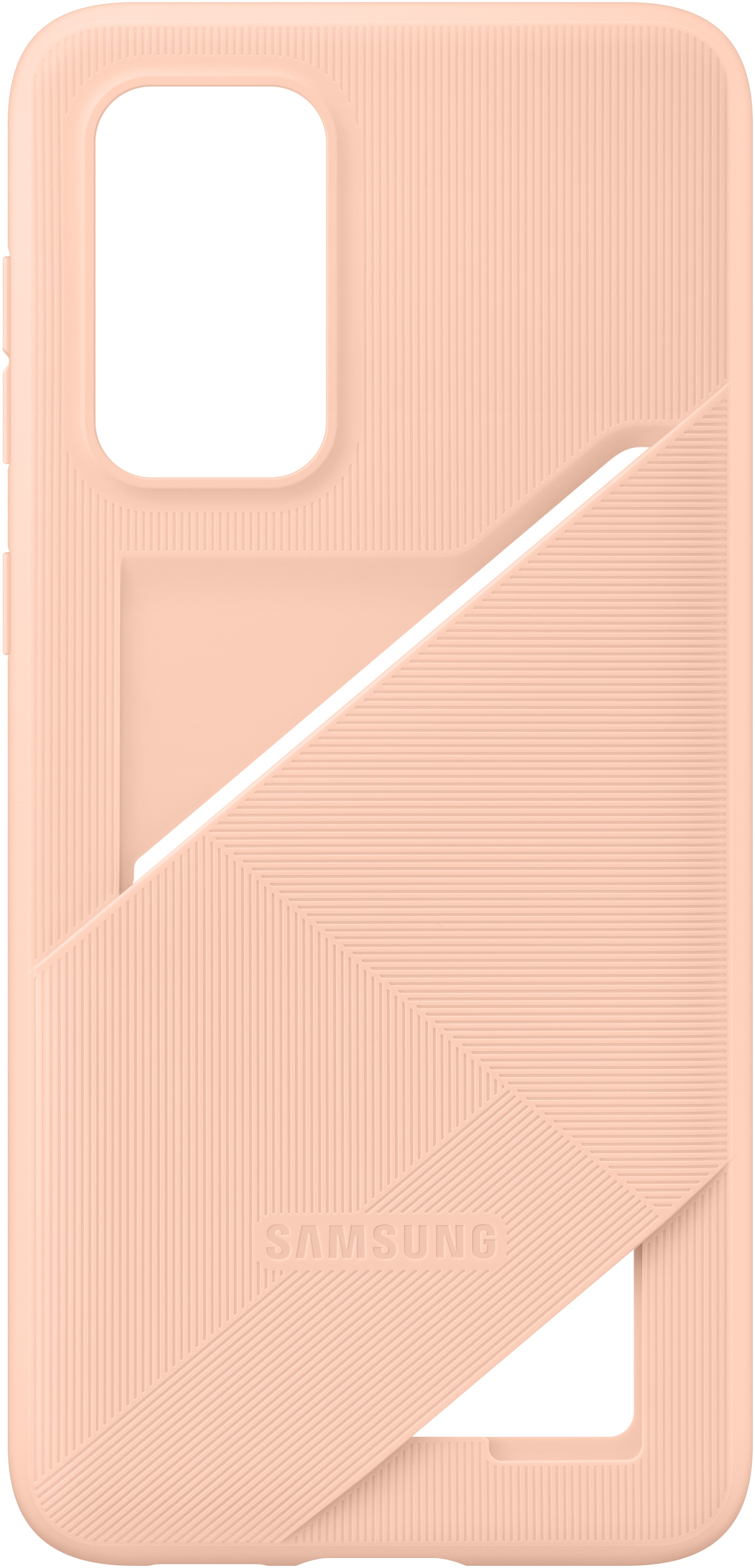 Funda rosa para teléfono con recortes. Logotipo Samsung visible.
