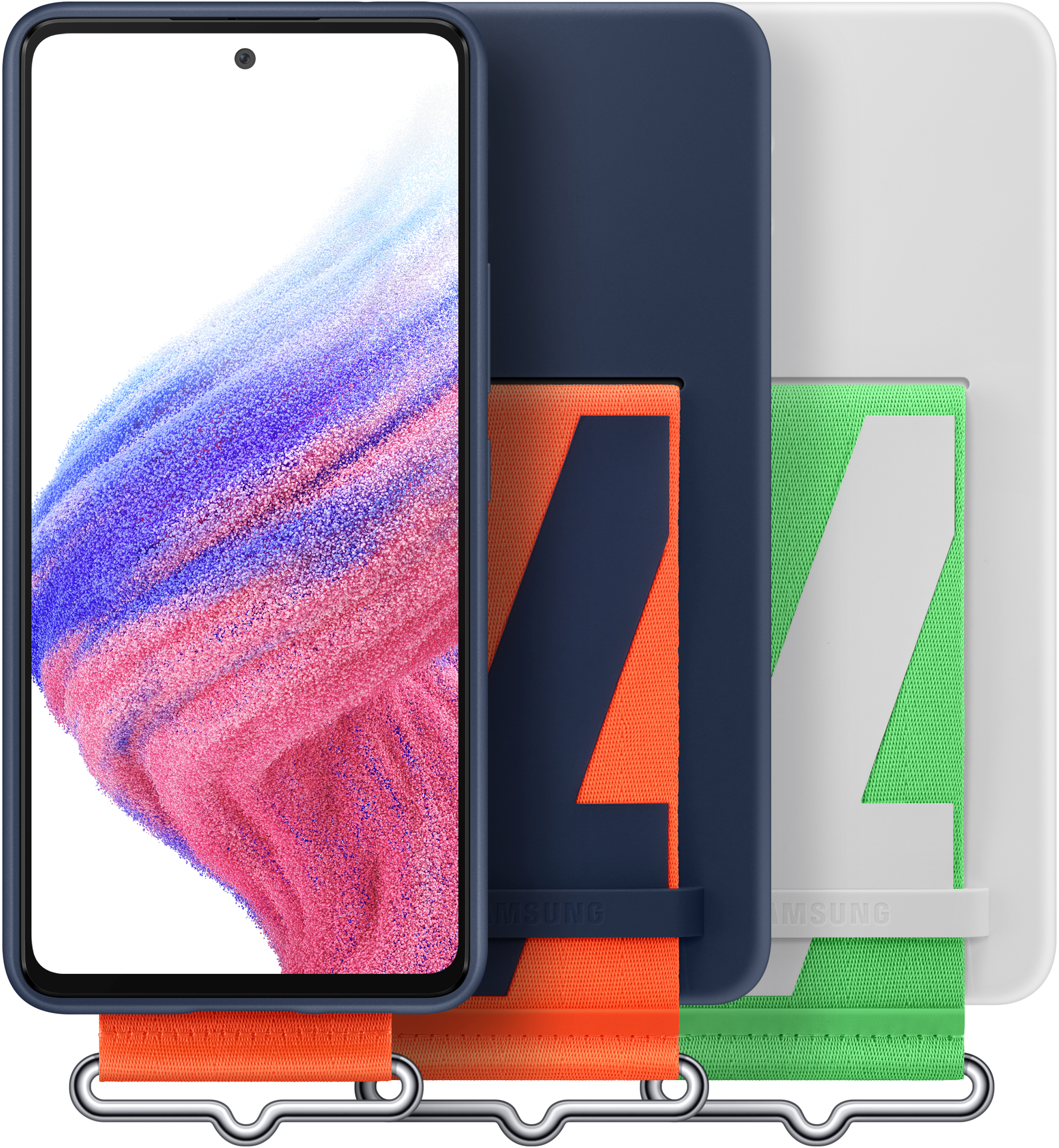 Drei Handyhüllen mit einem Telefon darin, verschiedene Farben und Designs, mit einem Telefon.