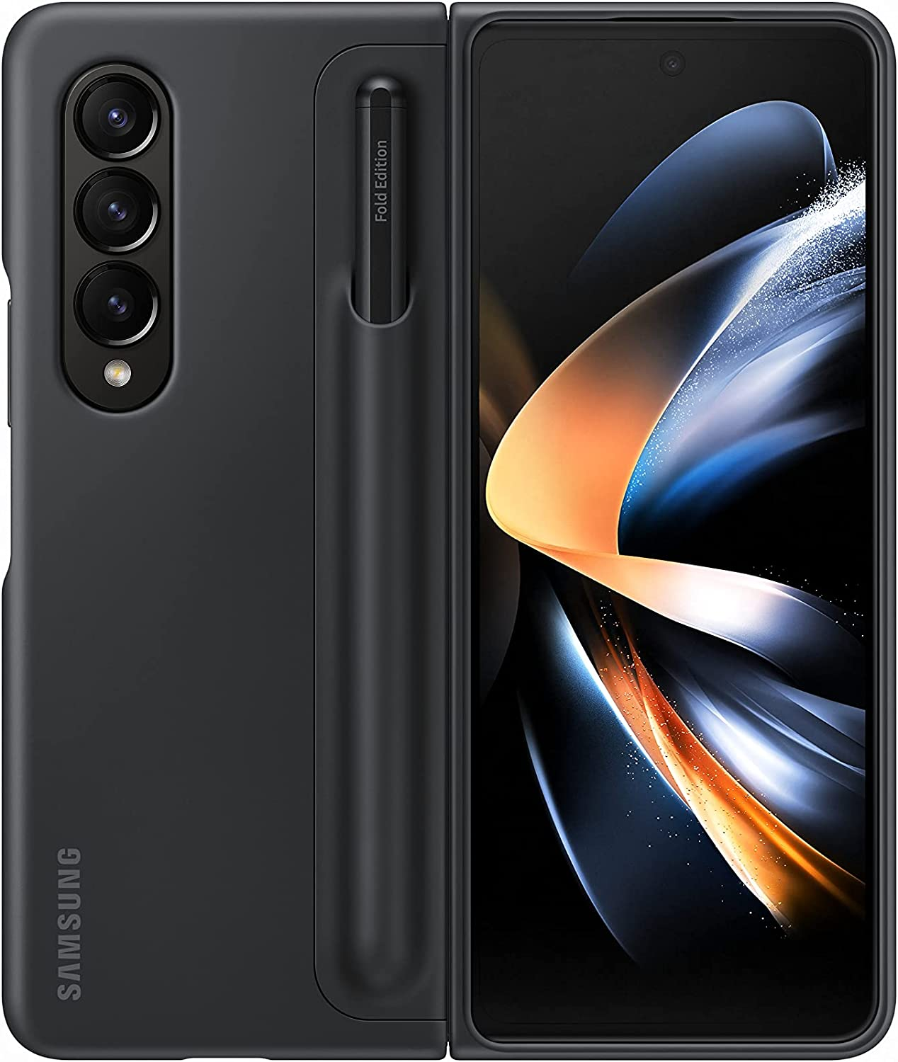 Un teléfono Samsung negro en una funda con un lápiz óptico. El teléfono está plegado y la pantalla es visible.