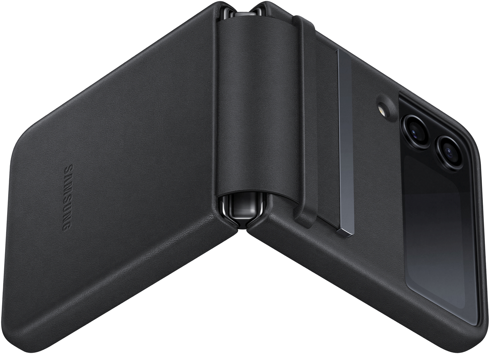 Un teléfono plegable negro se muestra parcialmente abierto. El logotipo de Samsung es visible.