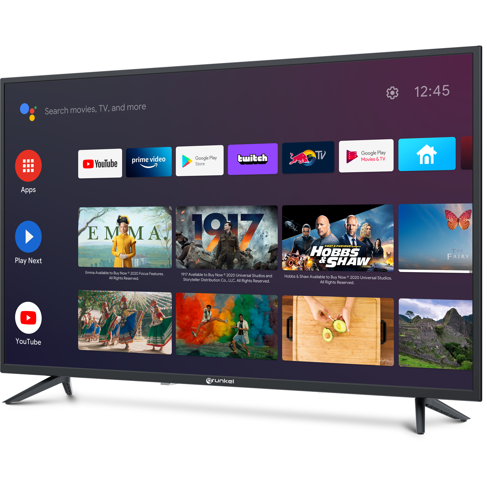 Un televisor de pantalla plana que muestra una interfaz de Smart TV con varios iconos de aplicaciones.