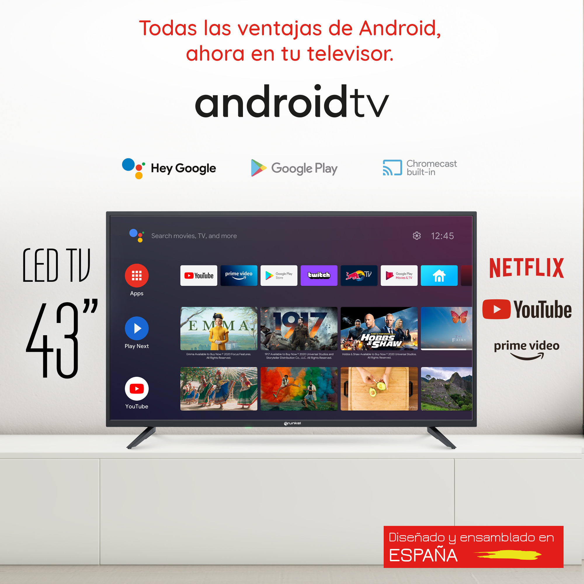 Un televisor LED de 43 pulgadas con funciones y aplicaciones de Android TV, en una pared blanca.