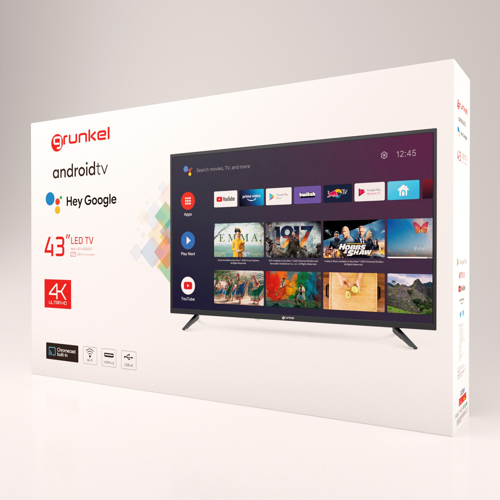 Caja de TV con pantalla mostrando la interfaz Android TV y apps. Logo Grunkel en la caja.