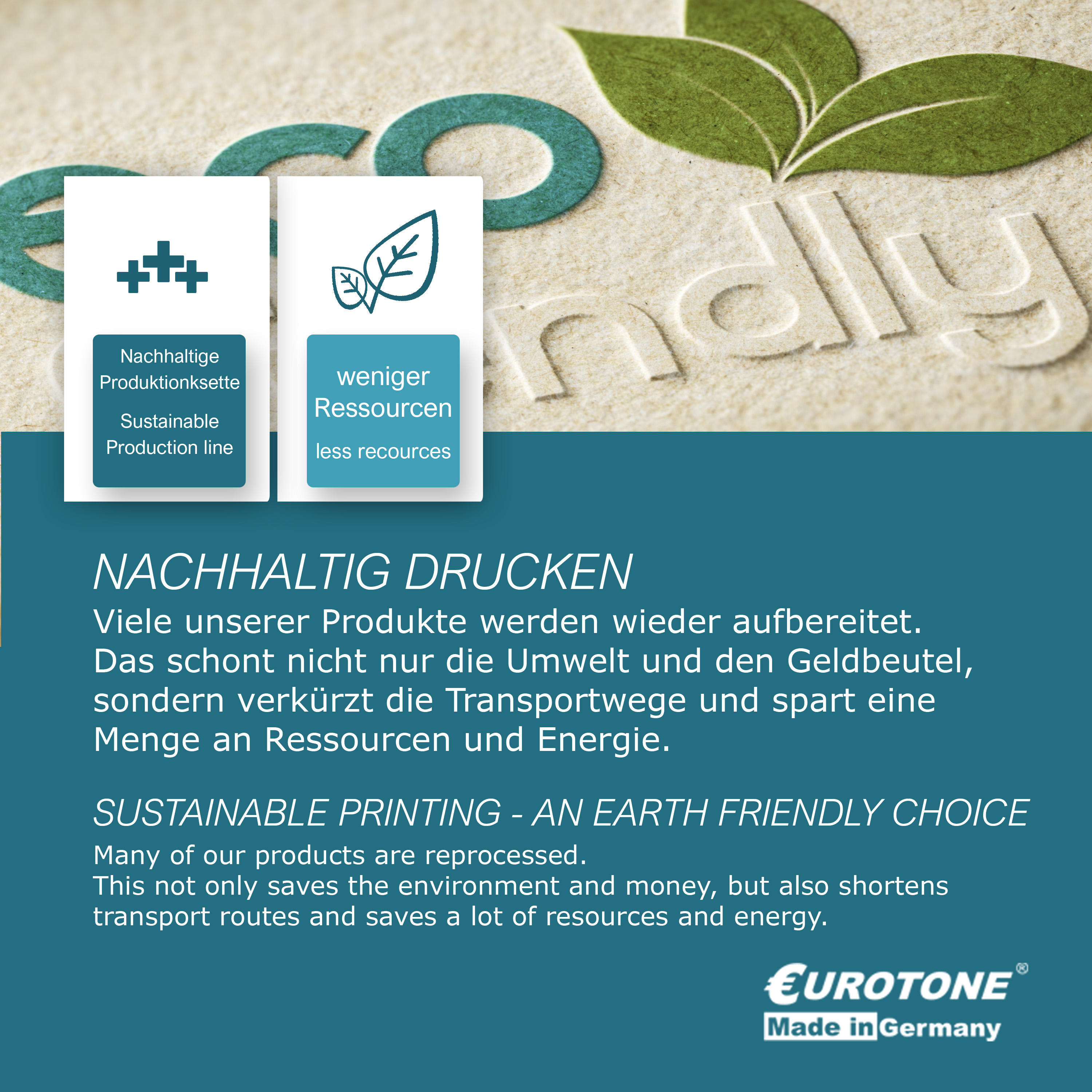 Bild mit umweltfreundlichen Druckinformationen und Symbolen, Text: Nachhaltige Produktion und weniger Ressourcen.