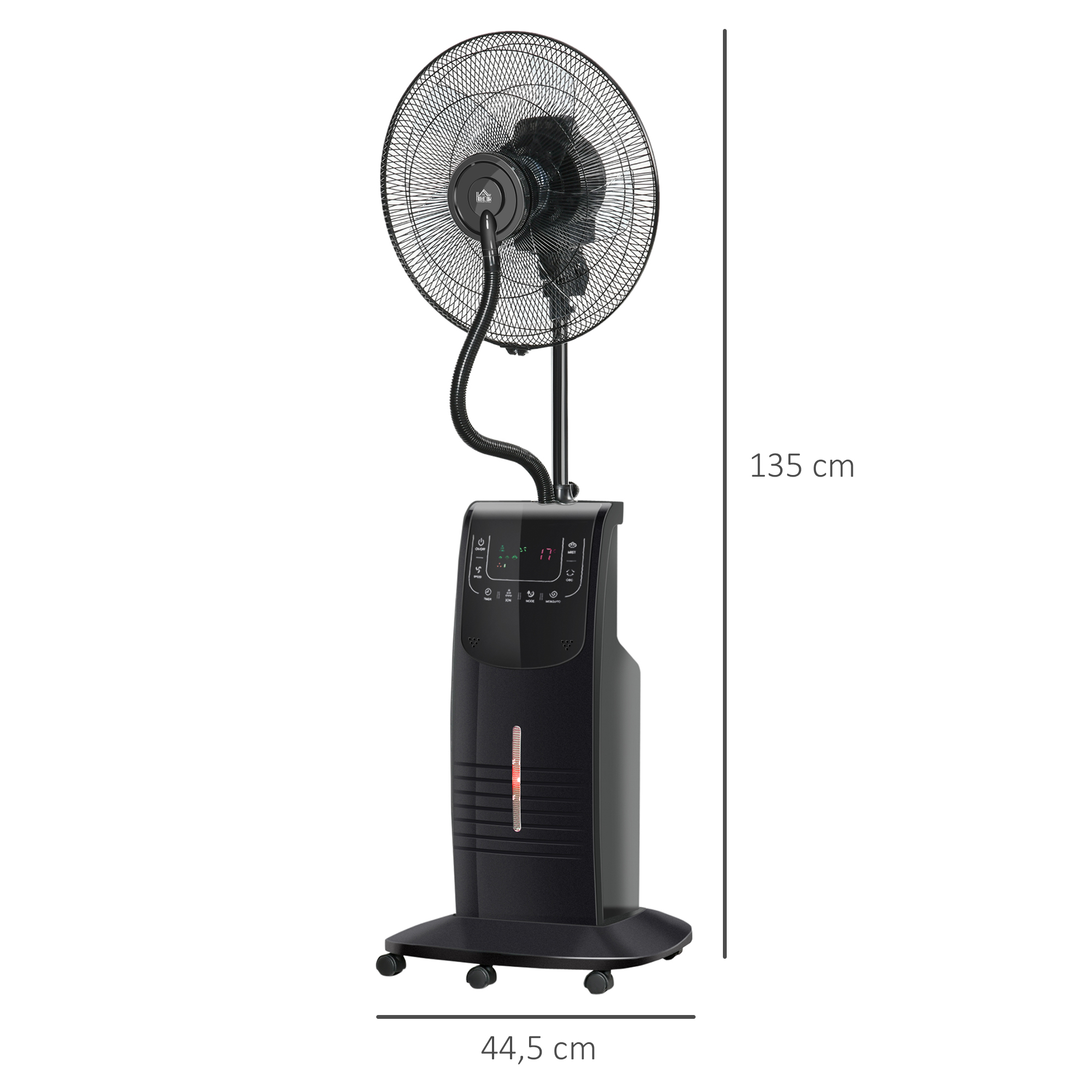 Ventilador de pie negro con función de nebulización. Base con ruedas.