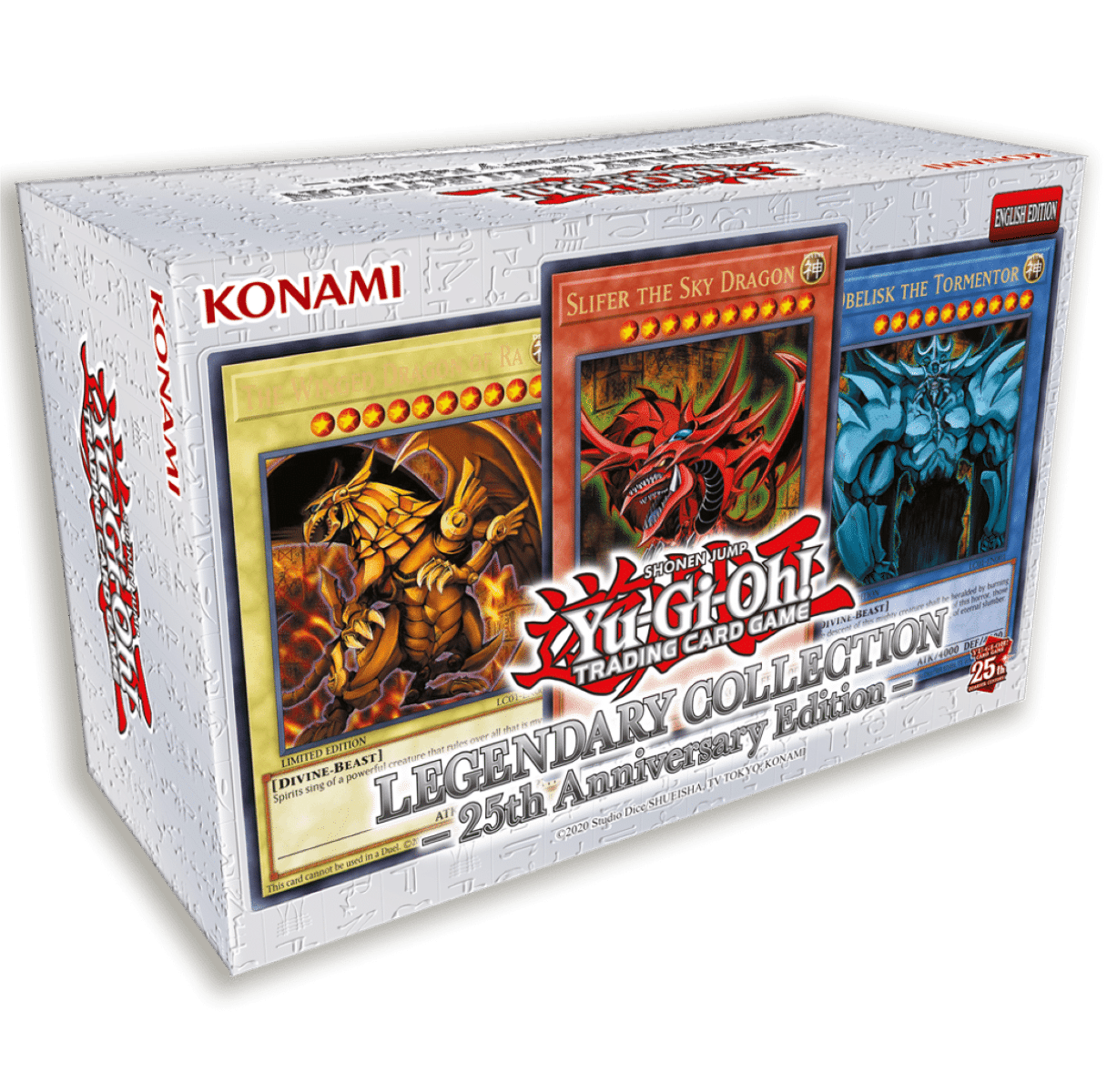 Yu-Gi-Oh! Legendary Collection Box mit drei Karten: Slifer, Obelisk und Ra.