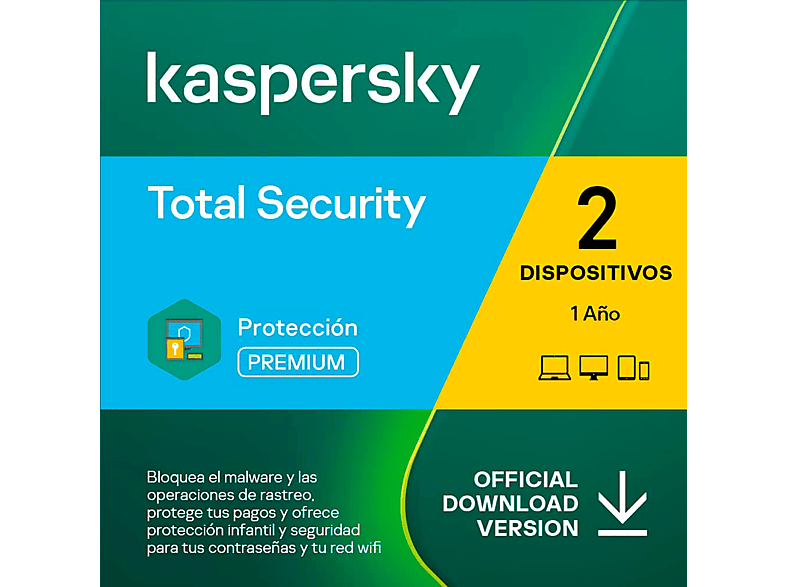 Antivirus KASPERSKY Total Security 2 Dispositivos 1 Año 2023 Licencia