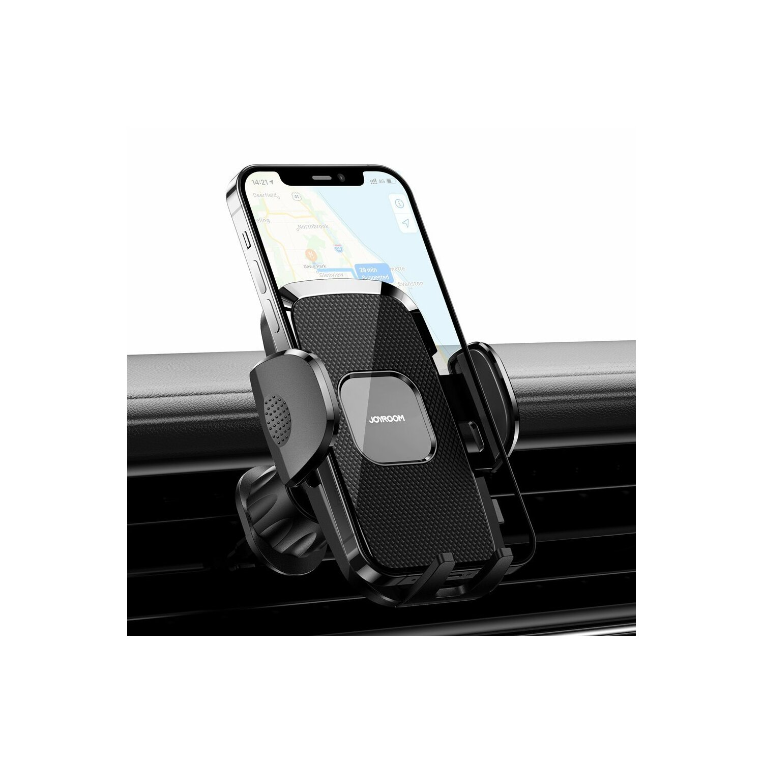 Czarny uchwyt na telefon z telefonem wyświetlającym mapę, zamontowany w samochodzie.