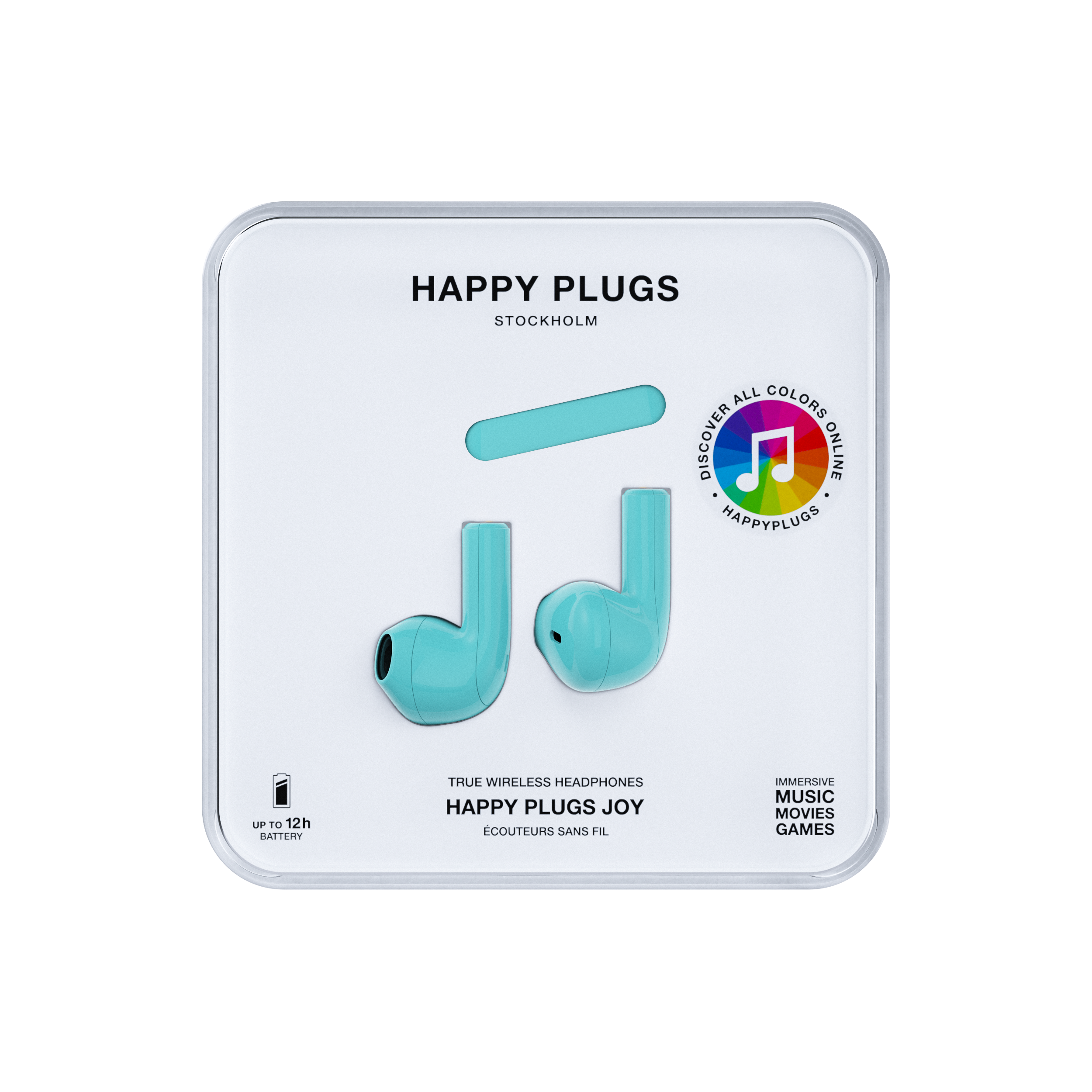 Auricolari Happy Plugs turchese all'interno di una scatola bianca con testo e icona di nota musicale.