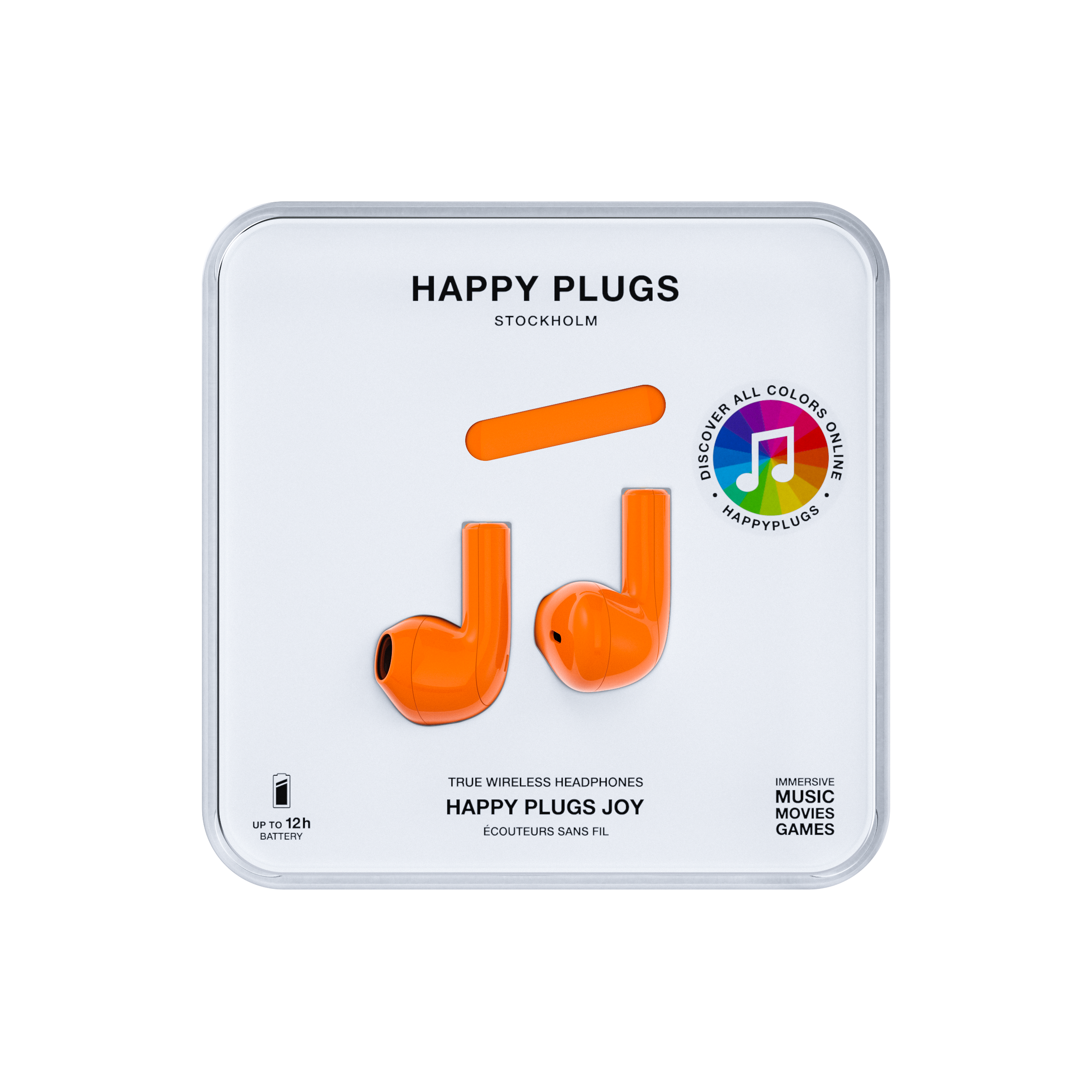 Pudełko pomarańczowych słuchawek Happy Plugs. Pudełko jest białe, z tekstem i widocznymi słuchawkami.