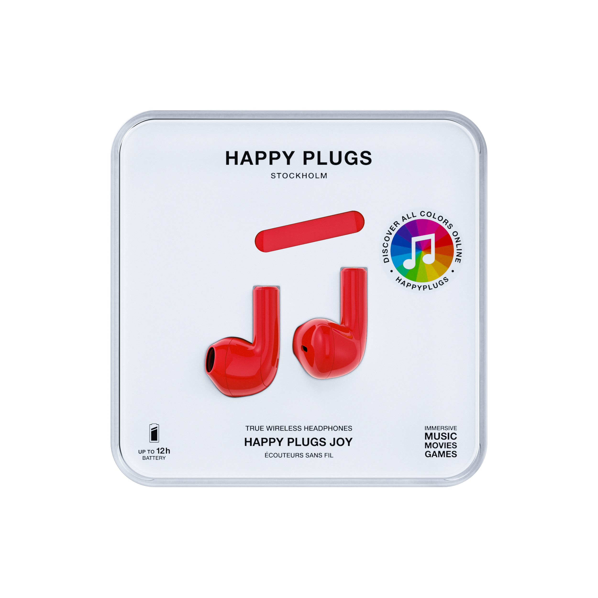 Czerwone bezprzewodowe słuchawki w kwadratowym białym etui z marką "HAPPY PLUGS".