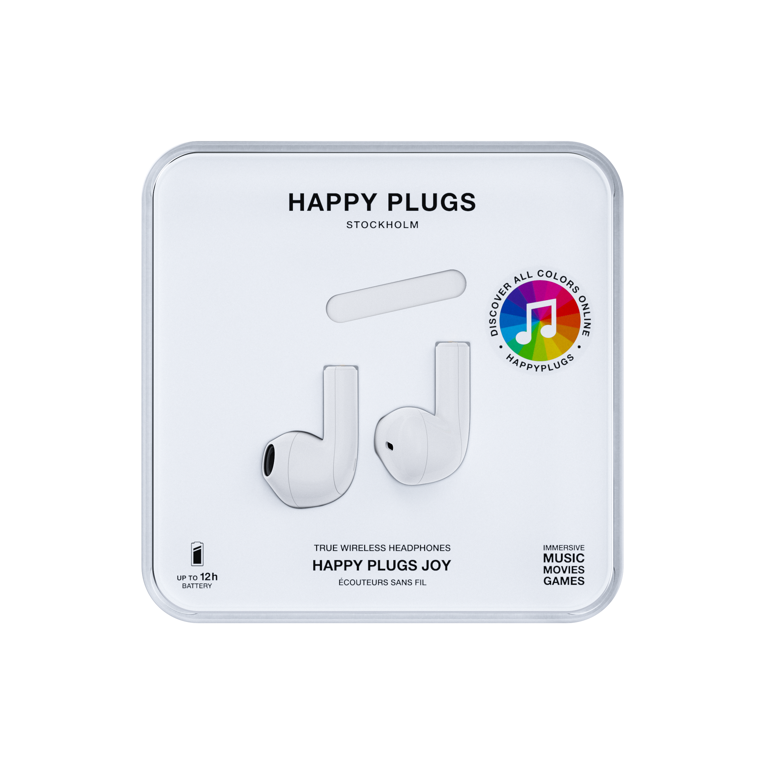 Eine weiße Box mit Happy Plugs Ohrhörern und Text, die das Produktdesign zeigt.