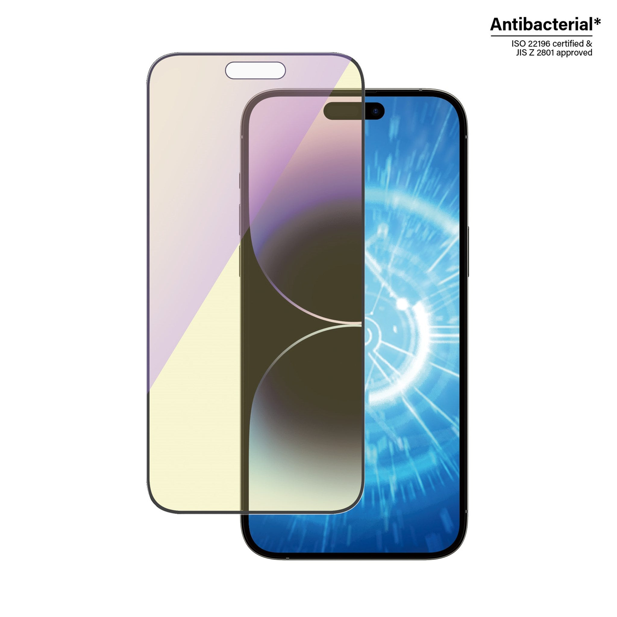 Smartphone con protezione schermo ed etichetta antibatterica. Lo schermo mostra linee blu.