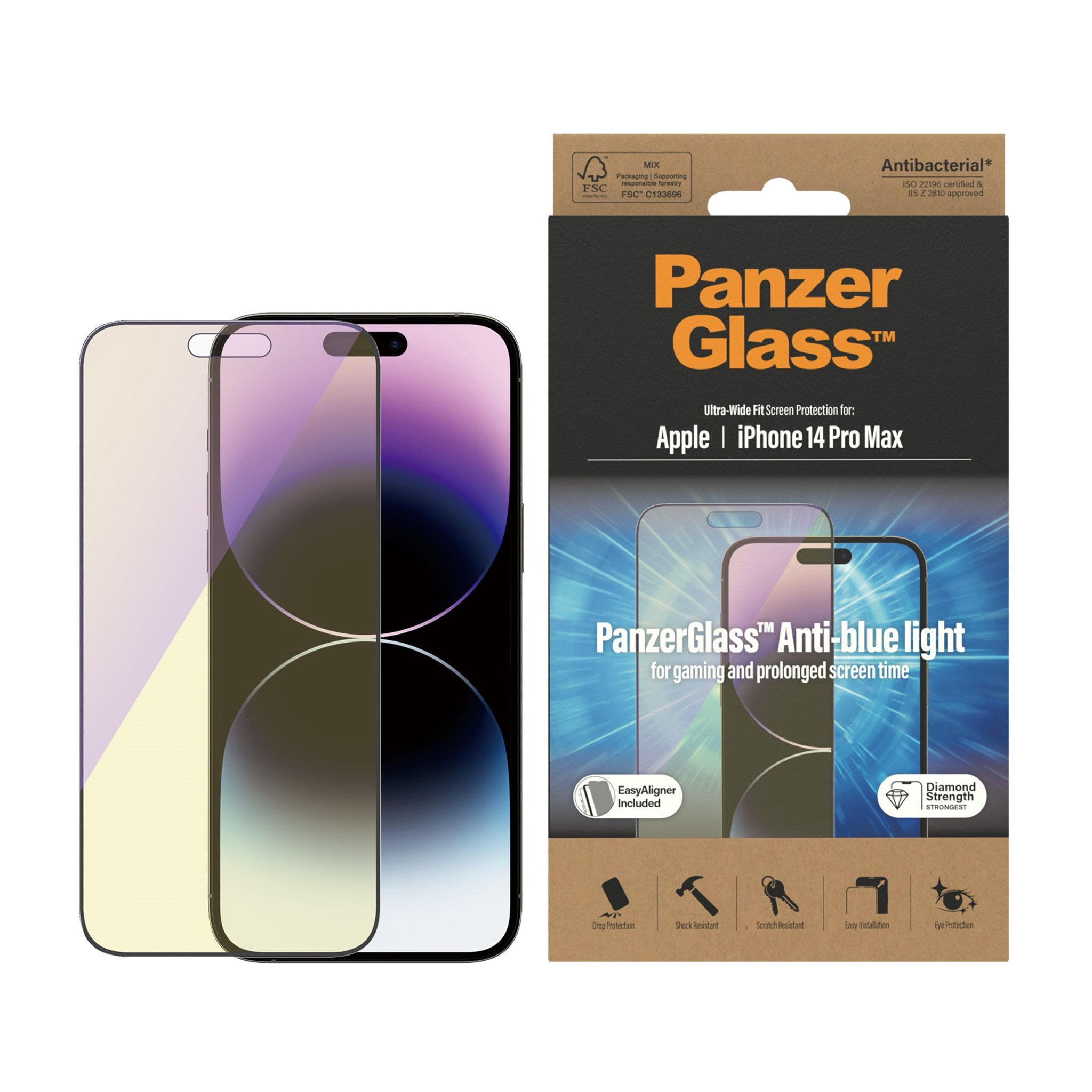 Protezioni schermo PanzerGlass per iPhone. Confezione e protezioni con tinta gialla. Sfondo bianco.