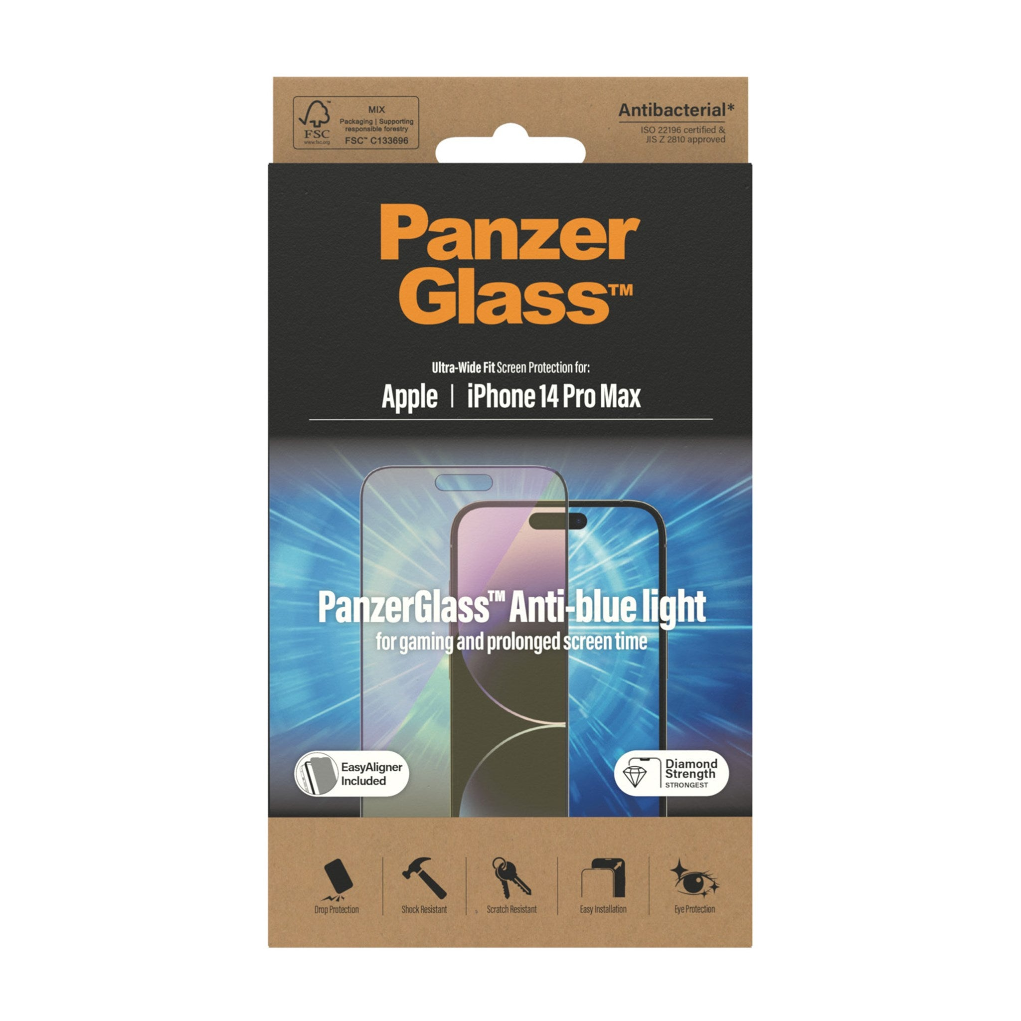 Un pacchetto di proteggi schermo con un telefono sopra. Dice PanzerGlass, Ultra-Wide Fit e Apple.