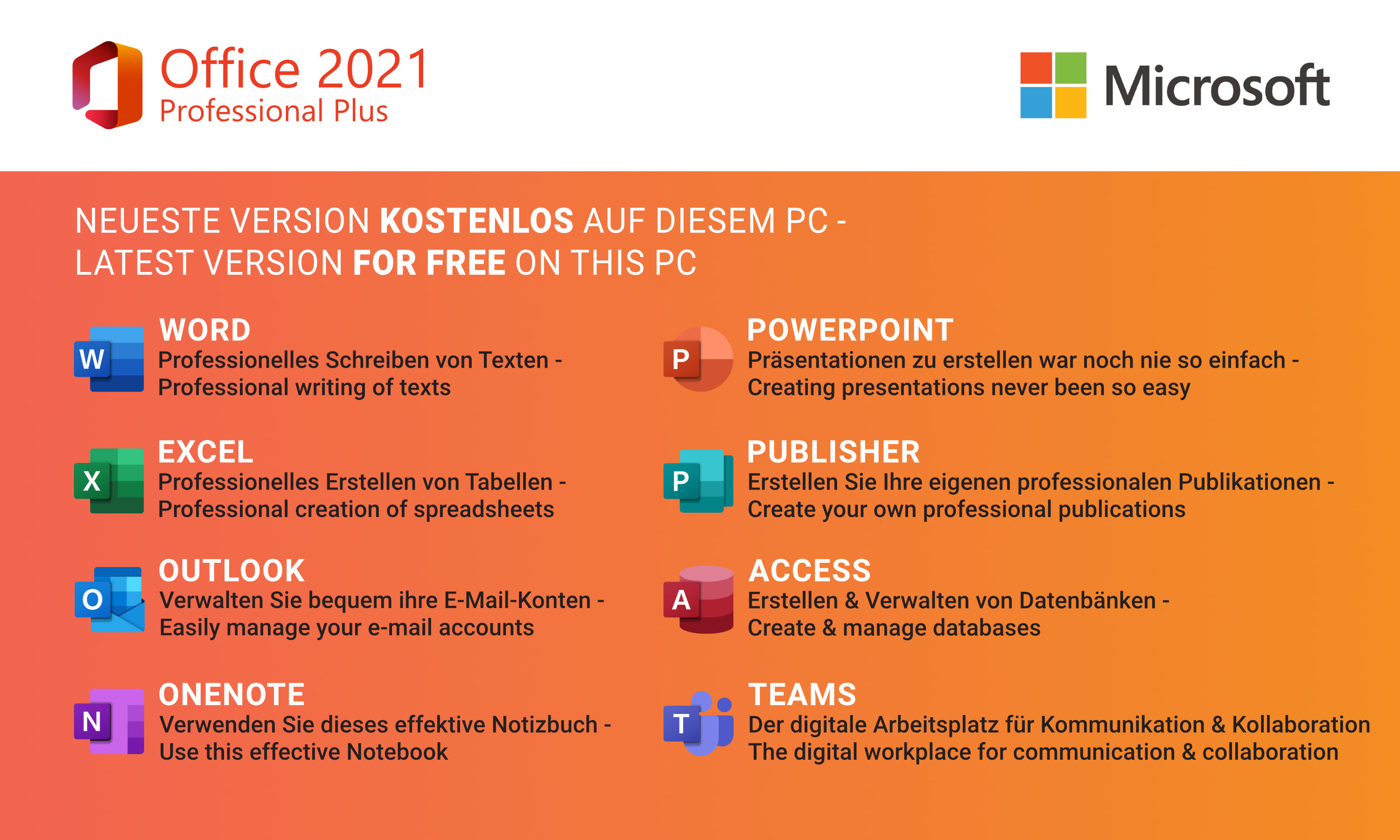 Suite software Microsoft Office 2021 con icone per Word, Excel, PowerPoint, ecc. su sfondo arancione.