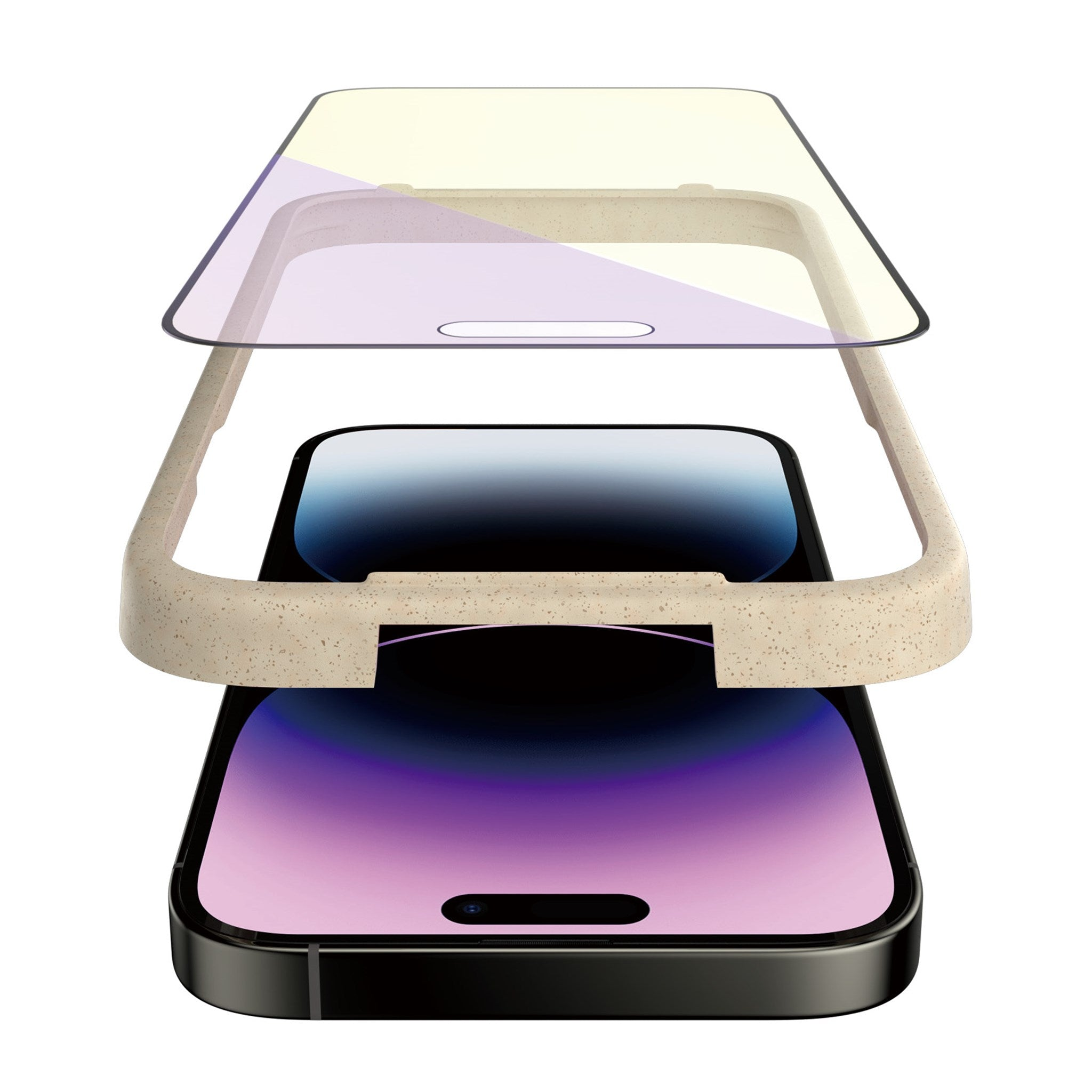 Un telefono con custodia e protezione schermo. La custodia è beige e la protezione è trasparente.
