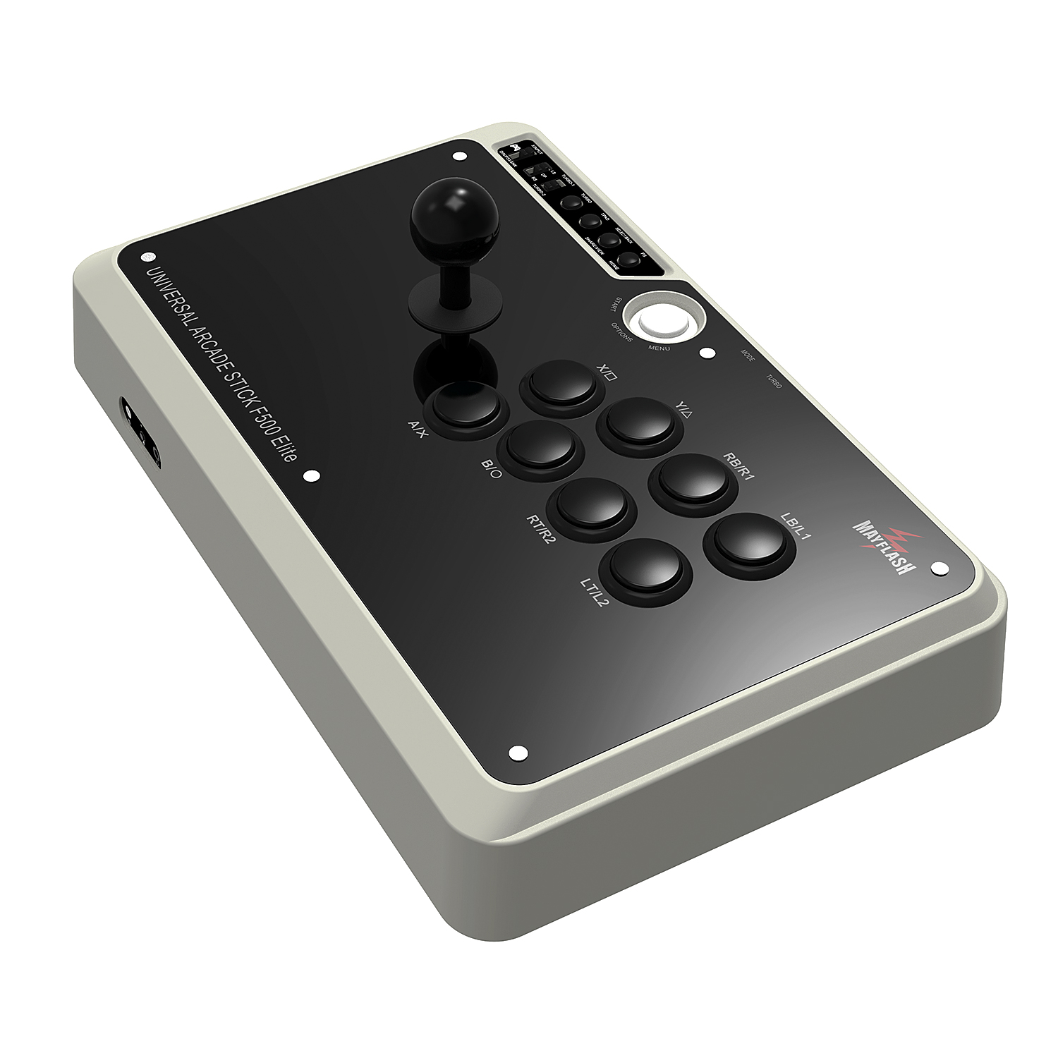 Palanca de arcade negra y gris con botones y un joystick, etiquetada como 'Universal Arcade Stick'.
