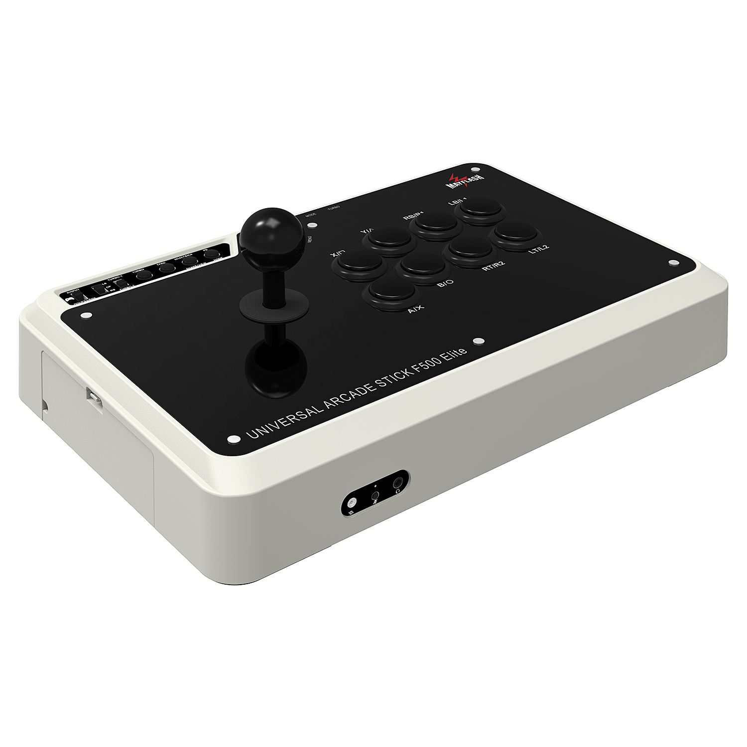 Mando de arcade universal con joystick y botones negros, sobre una base blanca y negra.