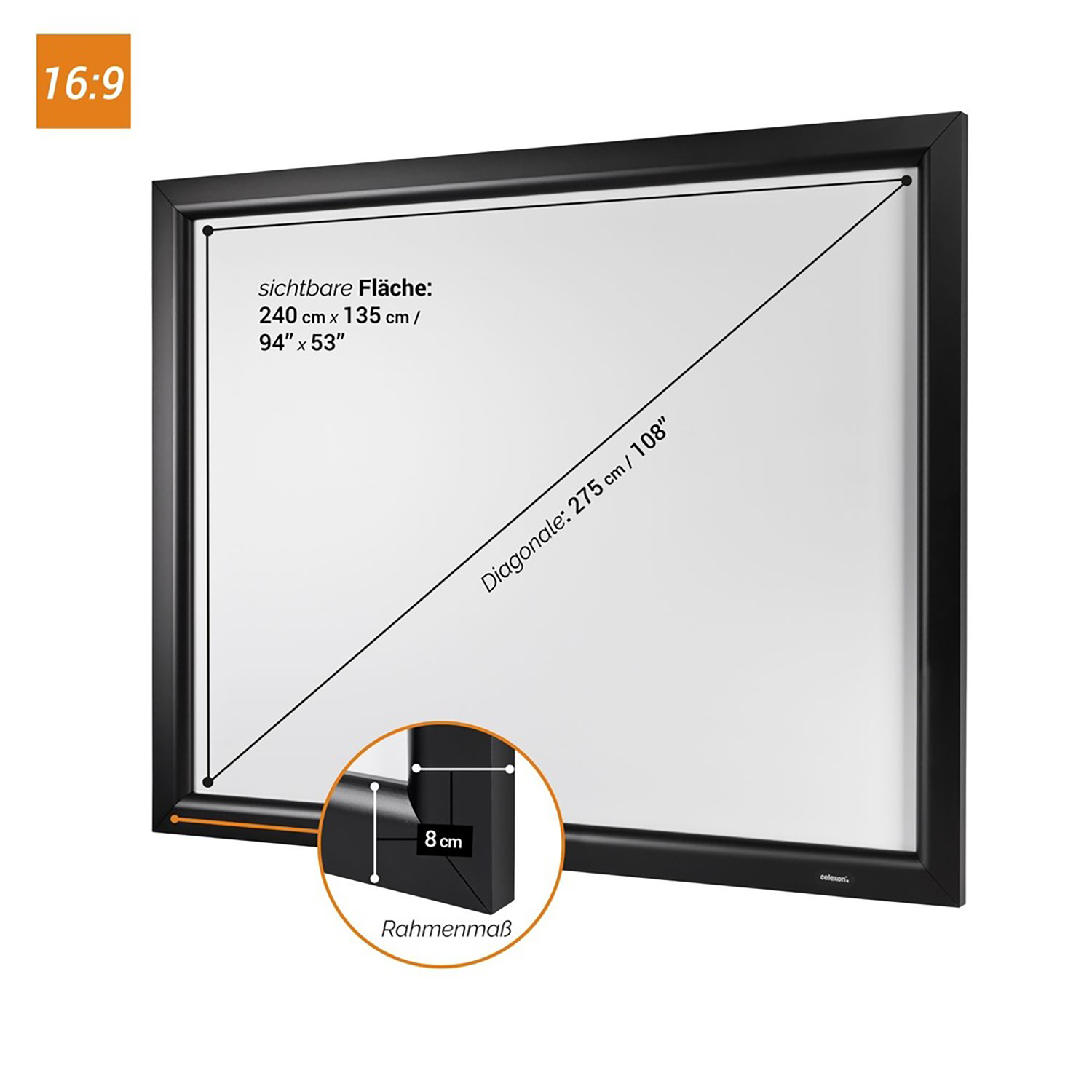 Schwarzer Rahmen mit weißer Leinwand. Zeigt Maße und Eckendetail.