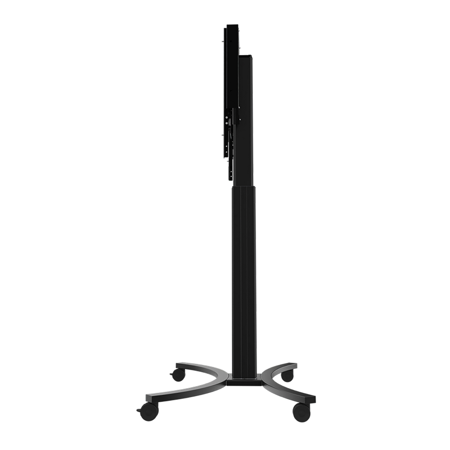 Ein schwarzer TV-Ständer mit vertikaler Stange, einem Sockel mit Rädern und einer TV-Halterung.