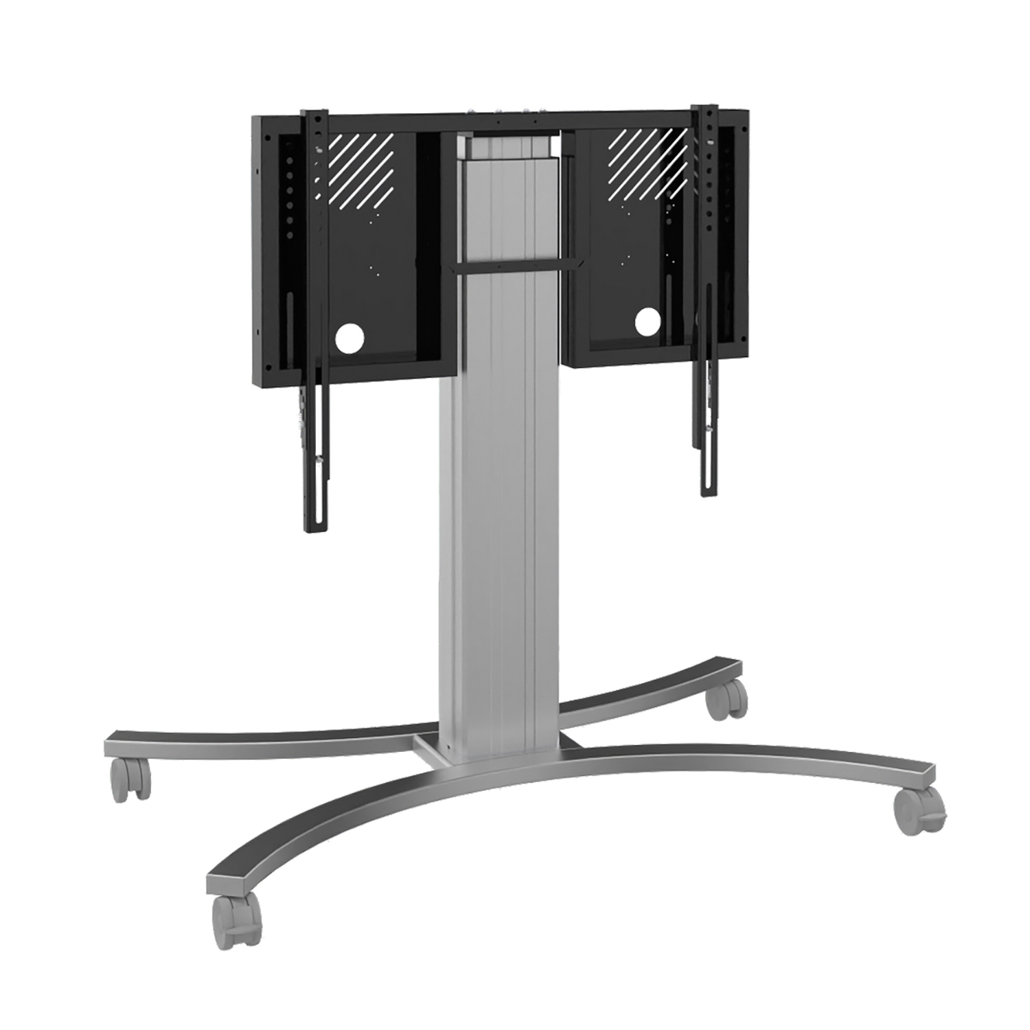 Ein TV-Ständer mit silberner Mittelsäule und schwarzen Halterungen.