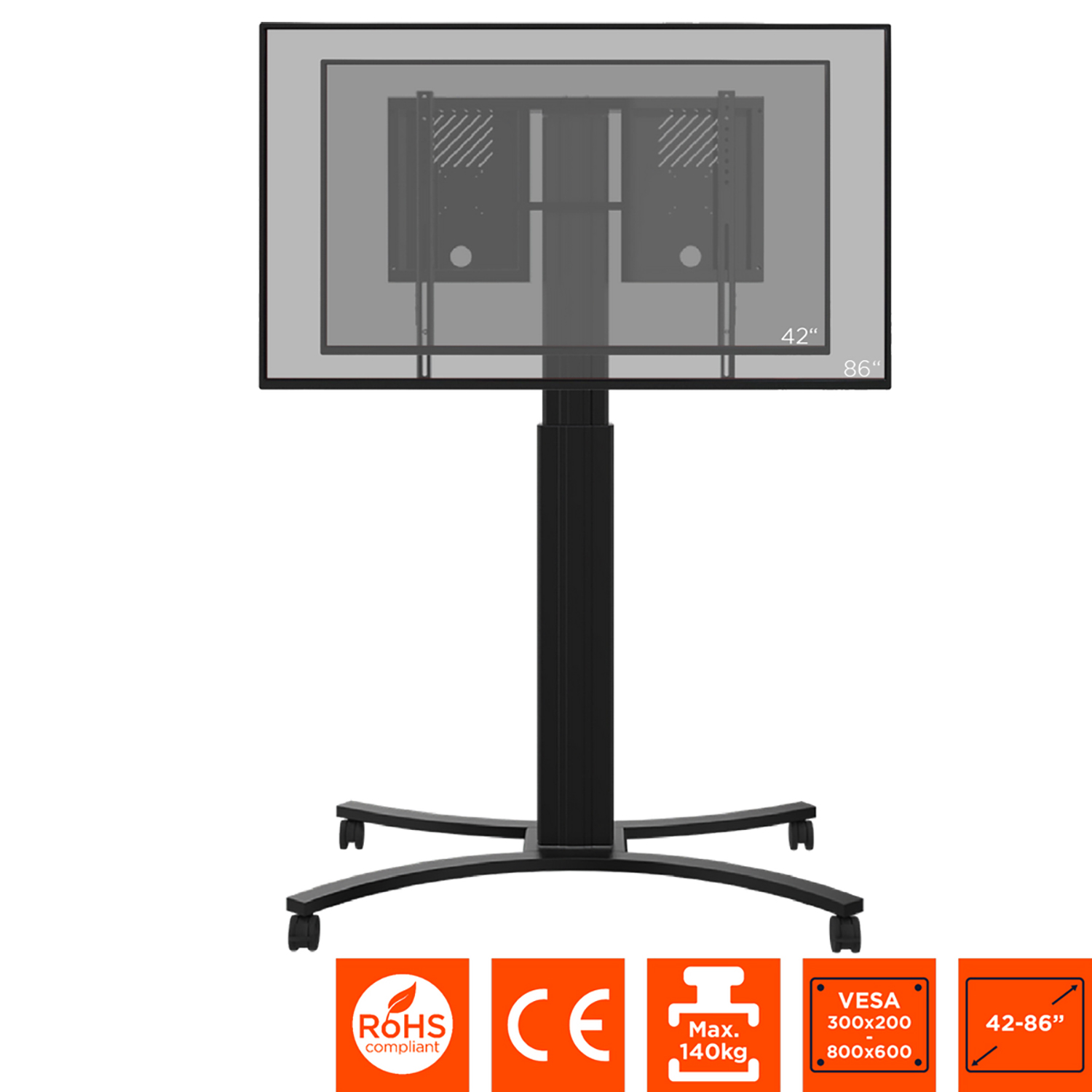 Ein schwarzer TV-Ständer mit einem Fernseher darauf. Der Ständer hat Räder und unterstützt Fernseher bis 86 Zoll.