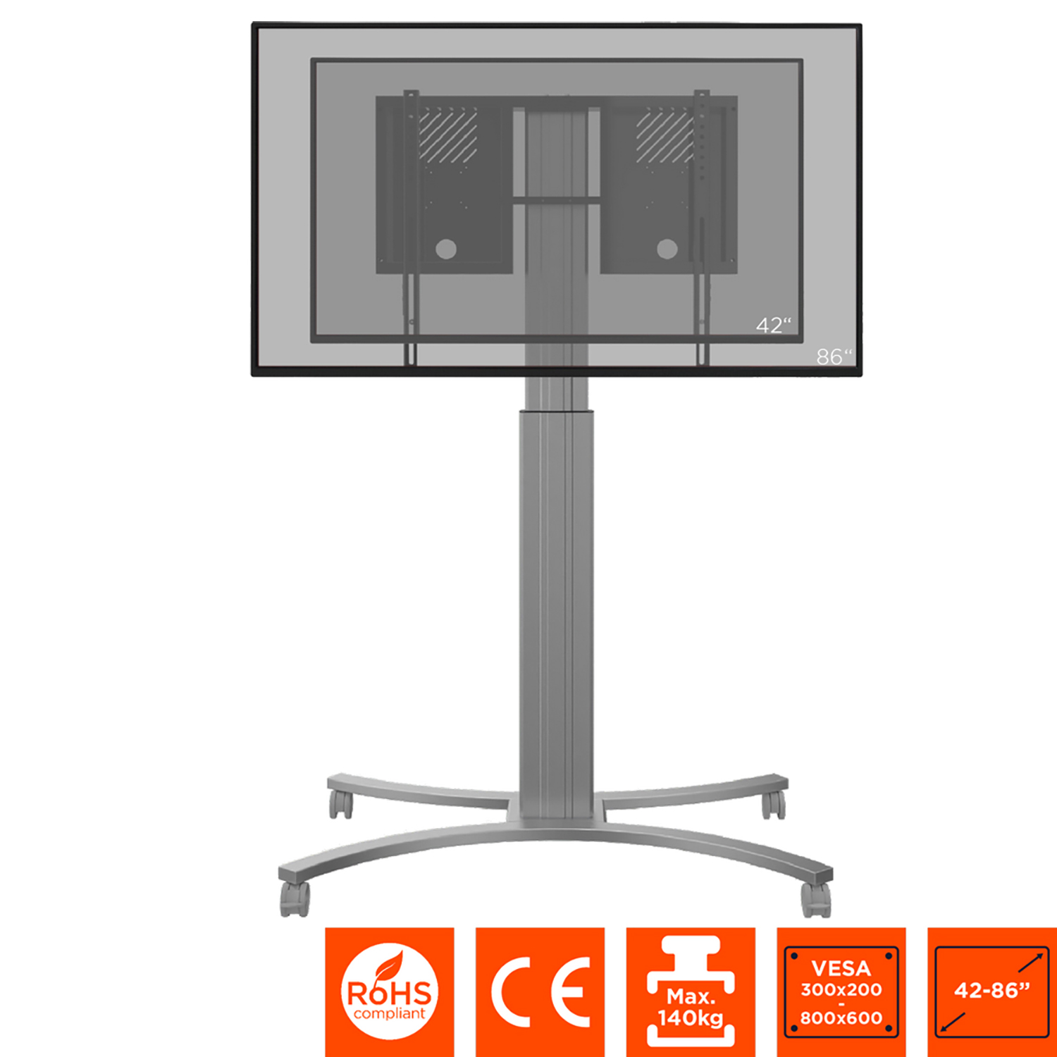 TV-Ständer mit großem Fernseher, 42"-86". Der Ständer ist silberfarben, mit Rollen.