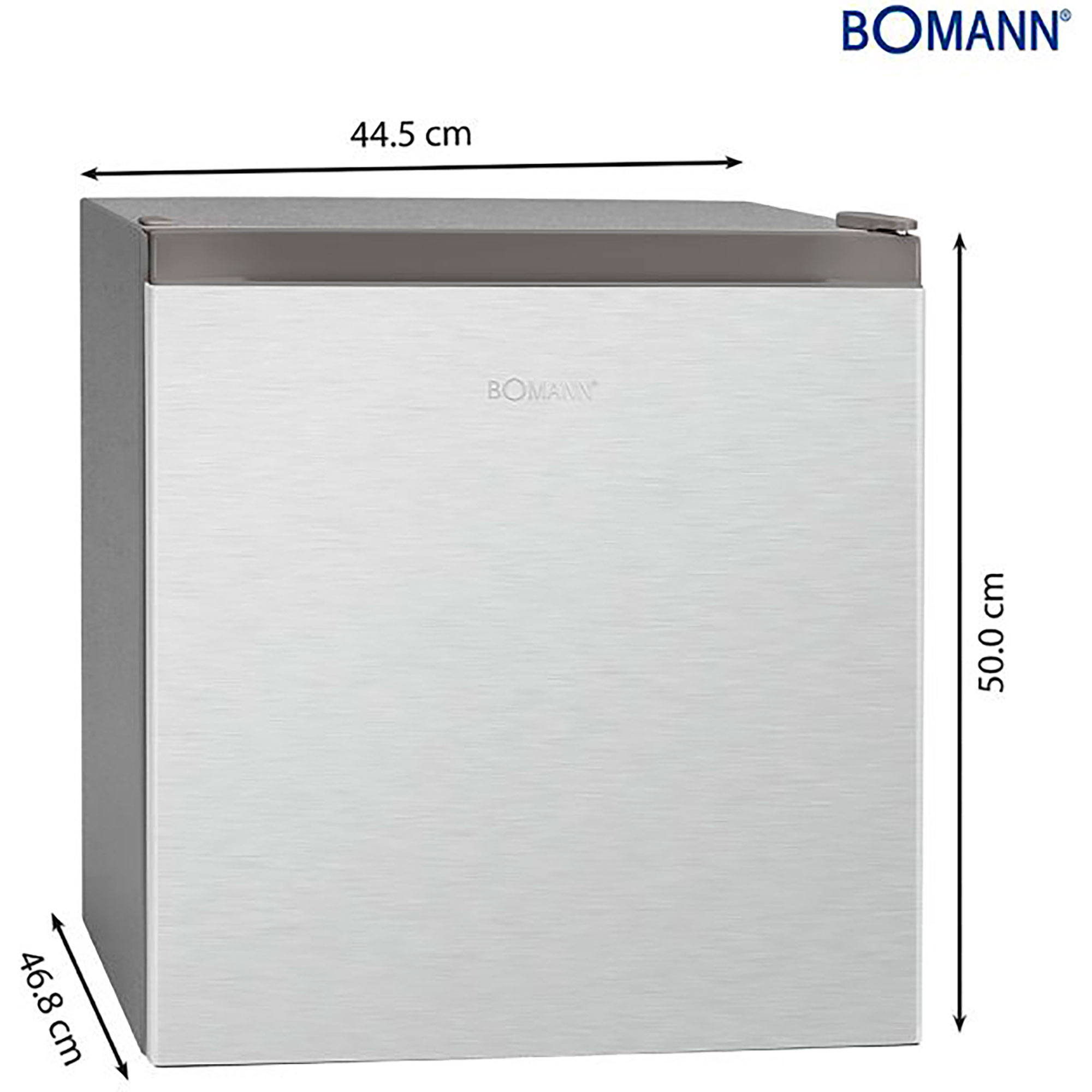Srebrna lodówka Bomann, z wyświetlonymi wymiarami. Szare tło.