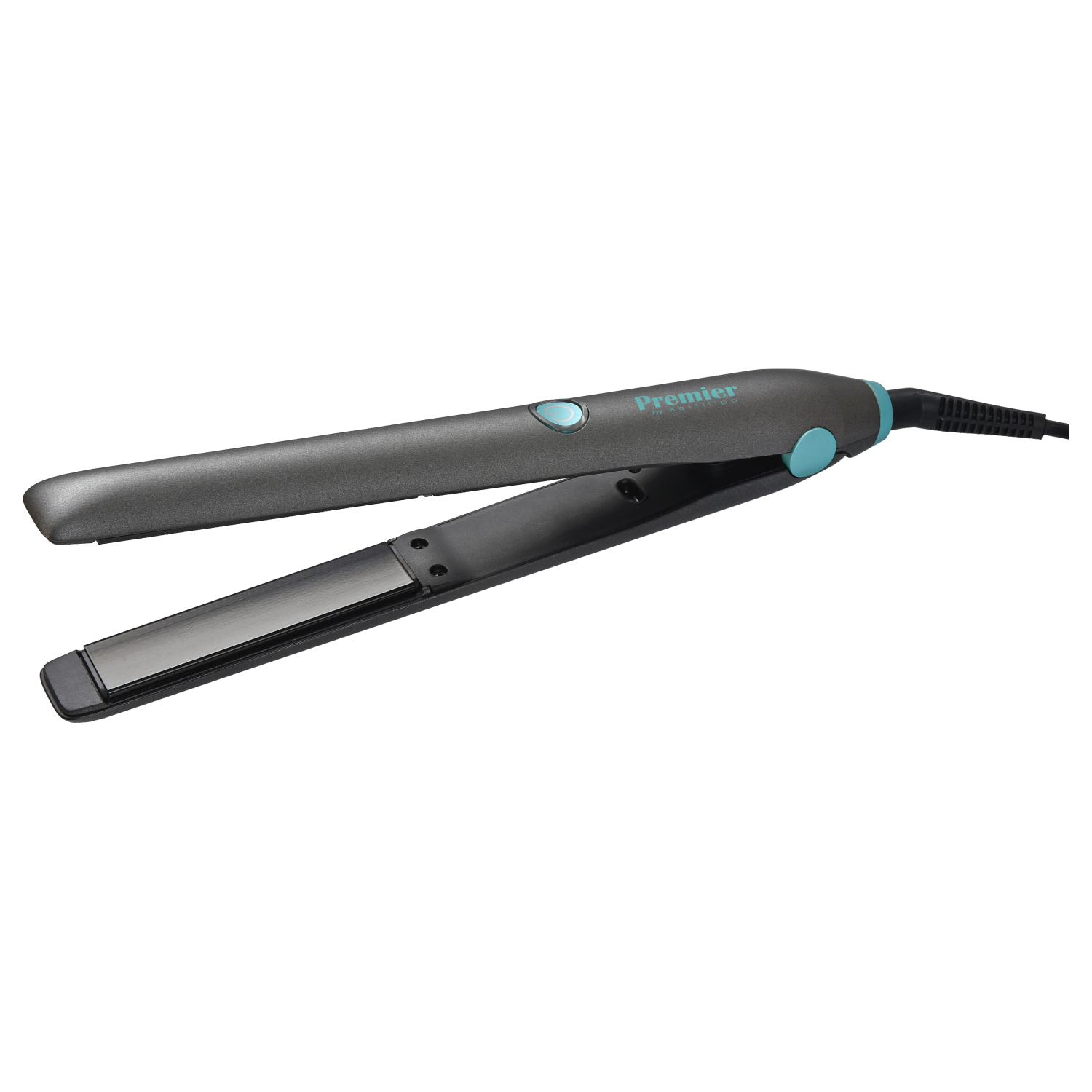 Plancha de pelo negra y gris con botones azules, sobre fondo negro.