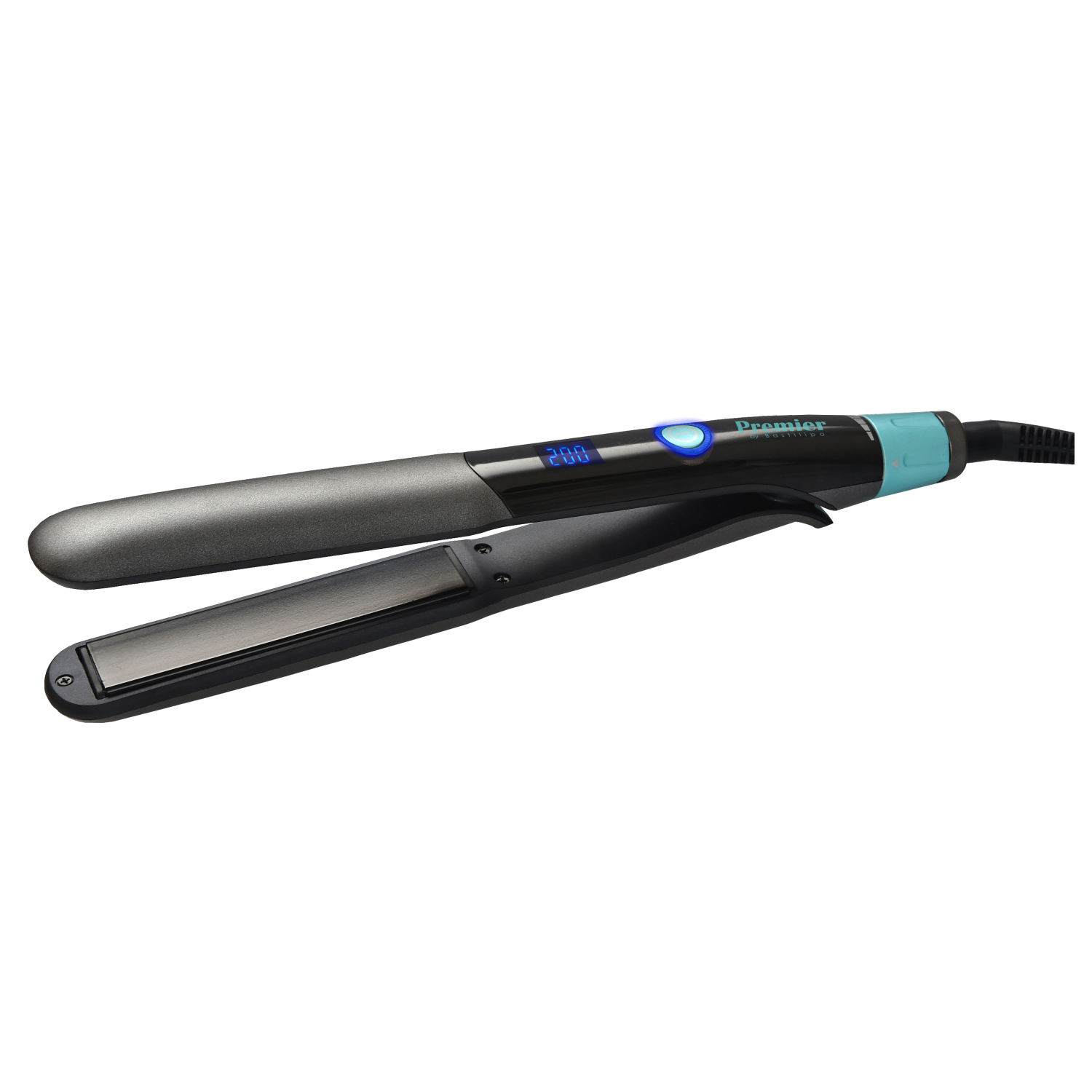 Una plancha para el pelo negra y turquesa. La pantalla muestra la temperatura.