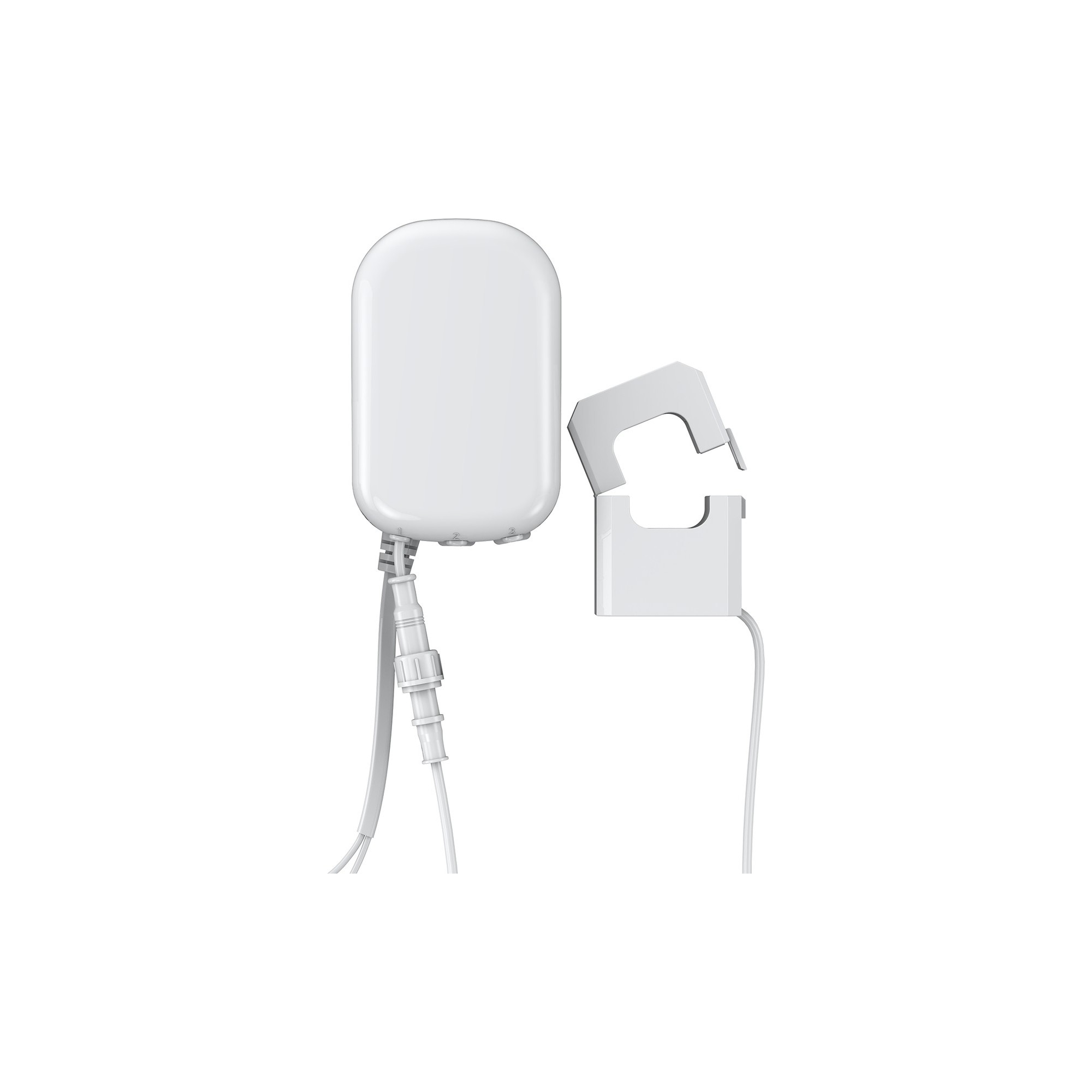 Weißes Gerät mit Ladekabel und separatem Teil auf weißer Oberfläche, isoliert.