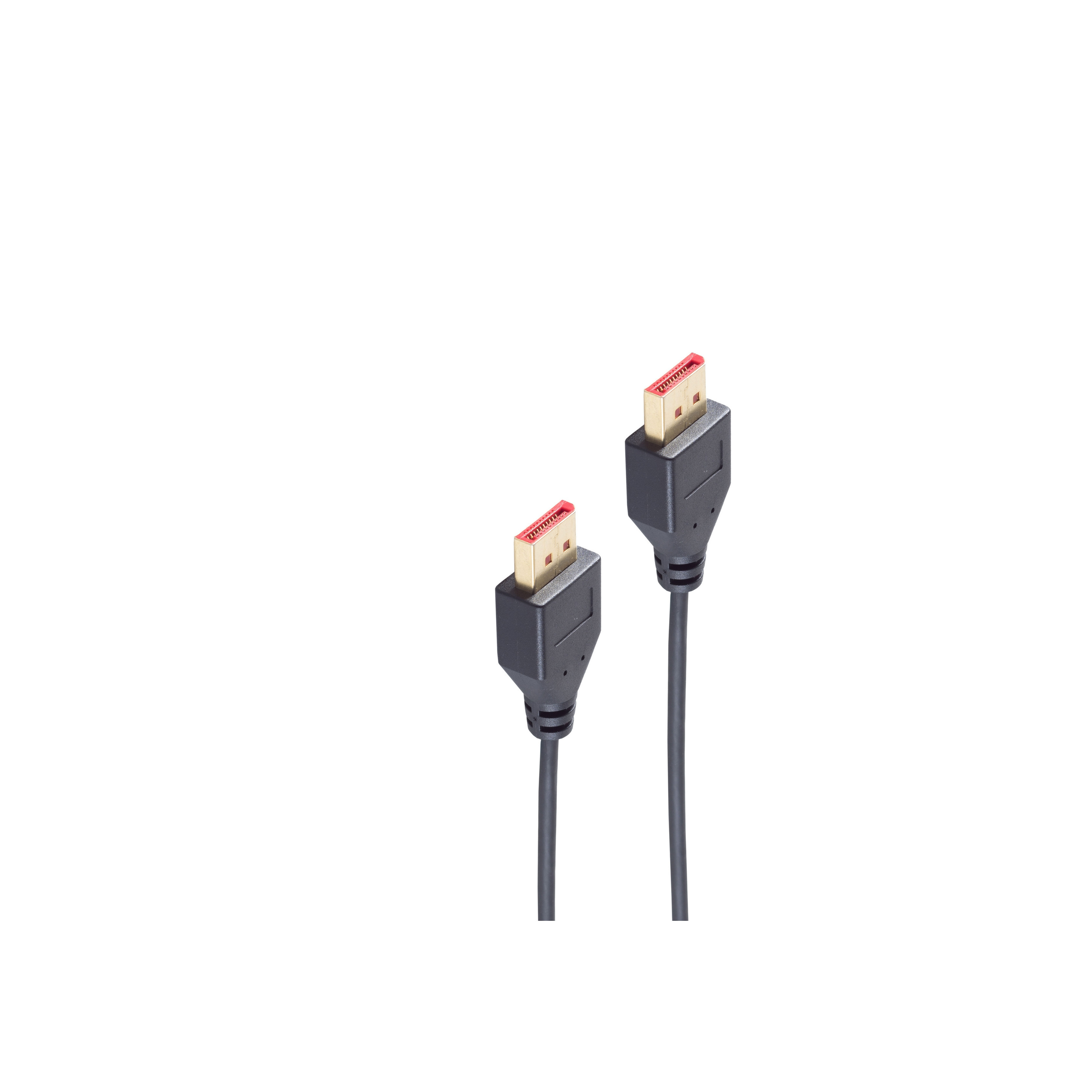 Zwei schwarze HDMI-Kabel mit roten Steckern auf weißem Hintergrund.