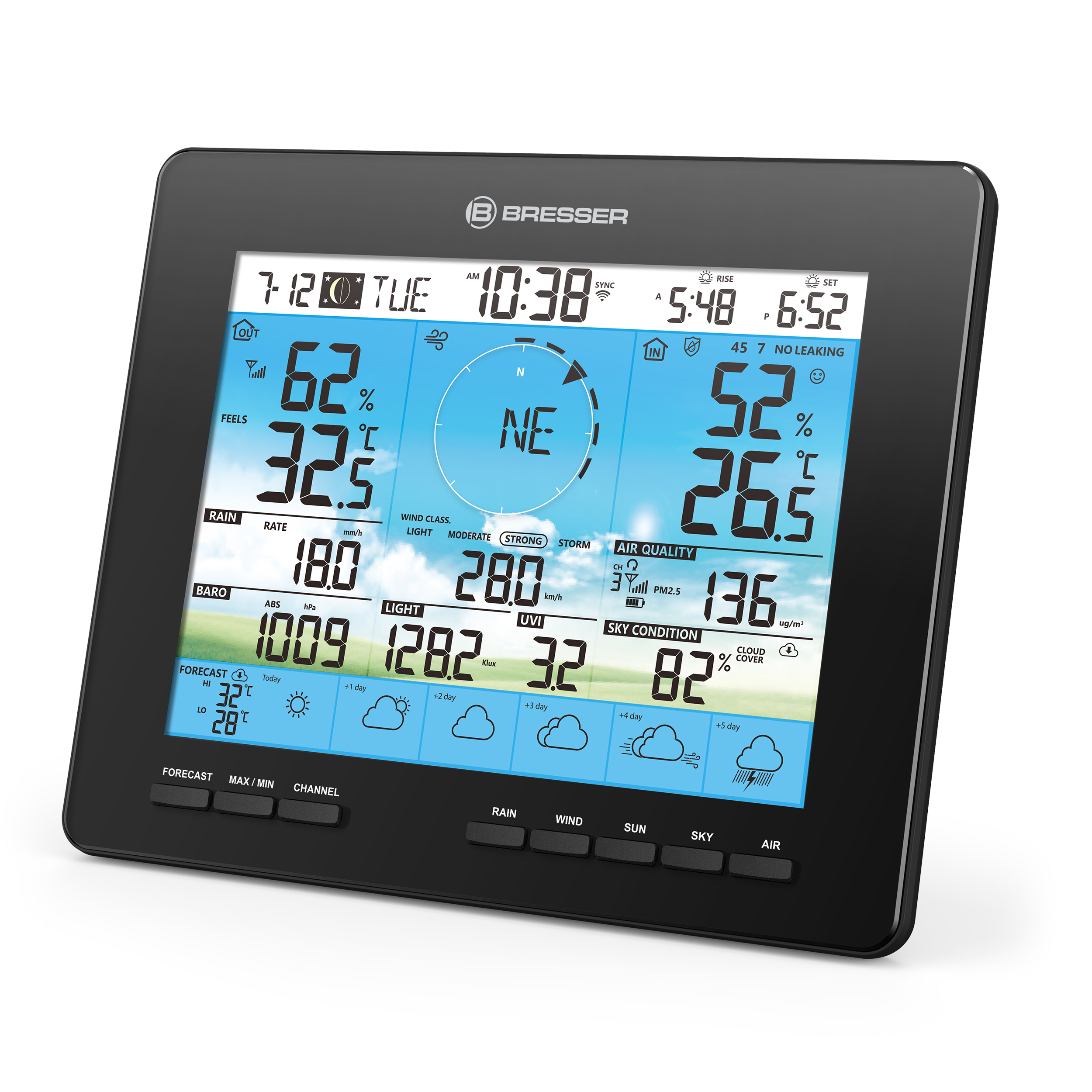 Schwarze Wetterstation mit Bildschirm, der Vorhersage, Temperatur, Regen, Wind, Himmel und Luftqualität zeigt.