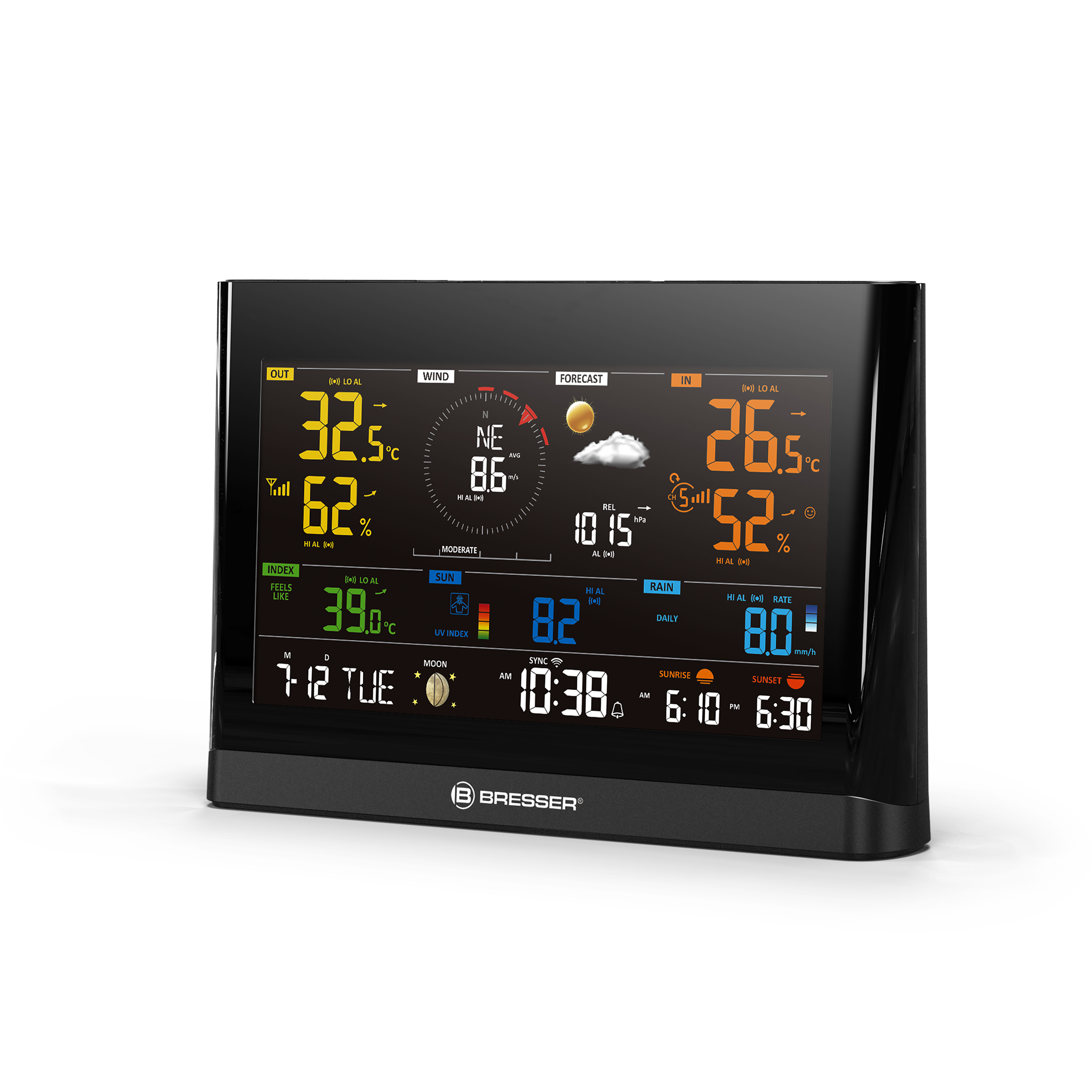 Schwarze Wetterstation mit verschiedenen Messwerten, einschließlich Temperatur, Wind.