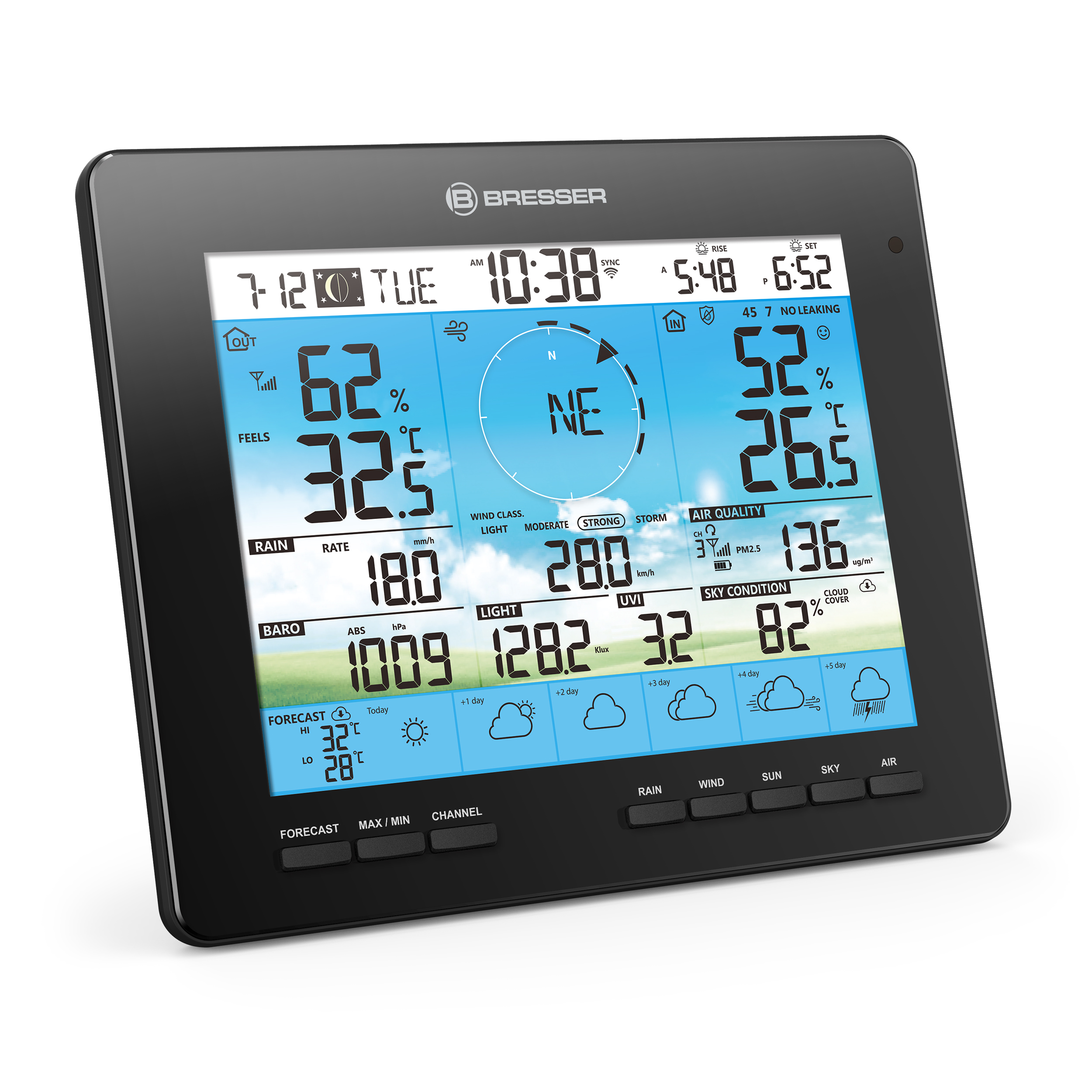 Schwarze Wetterstation mit Wetterdaten, einschließlich Temperatur, Wind und Luftqualität.